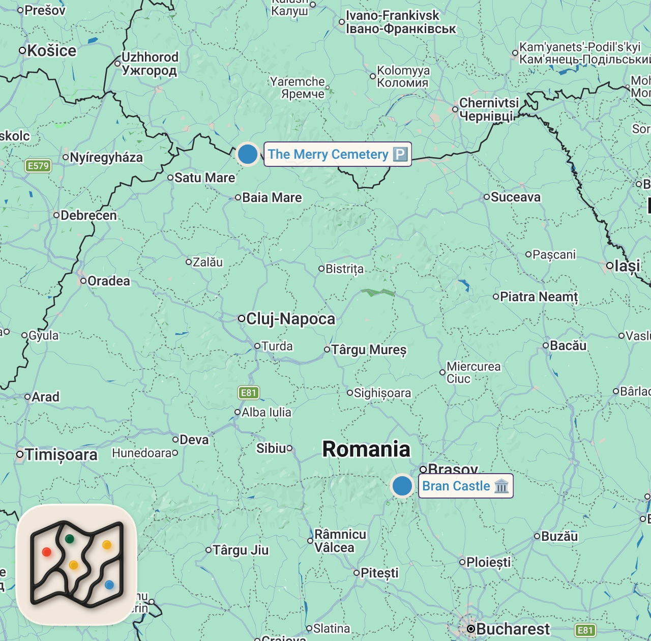 Map of 2 spots from Exploring Dracula's Castle | Anthony Bourdain: No Reservations | Travel Channel