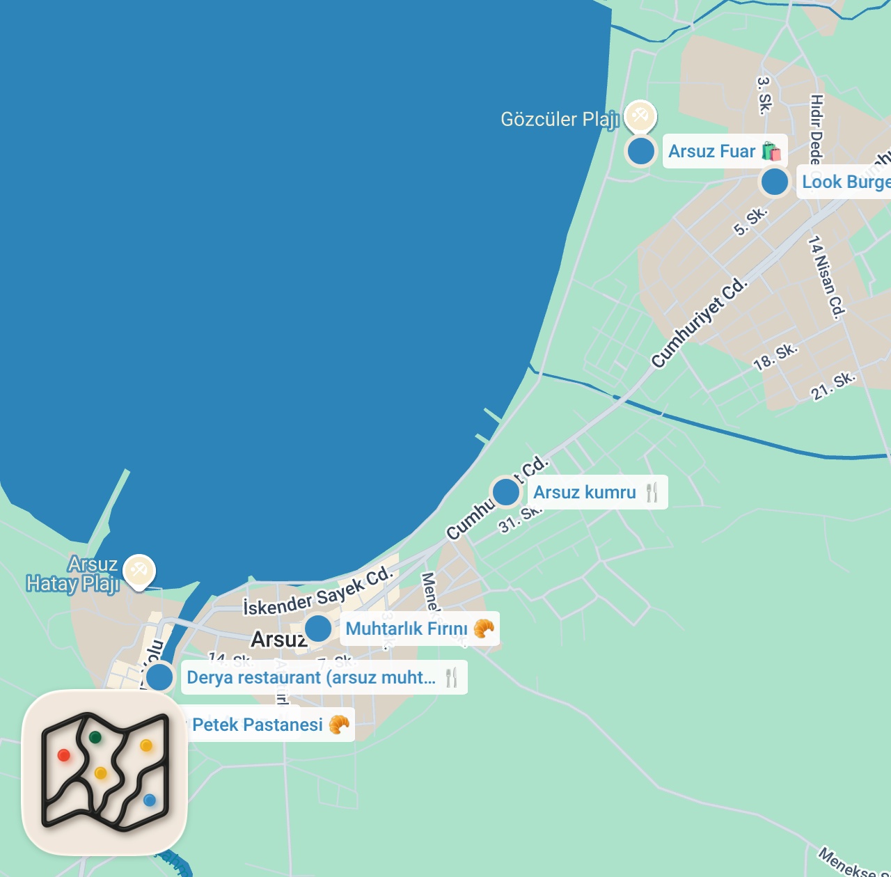Map preview for Arsuz Vlog: Çıtır künefe, Hatay lezzetleri ve nefis hamburger- Oğuz Yenihayat