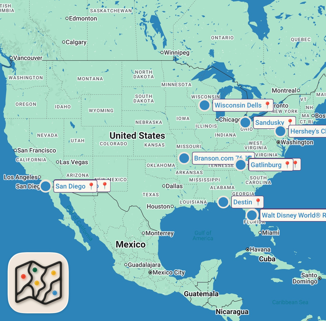 Map of 11 spots from Top 10 BEST Family Vacation Destinations In America!