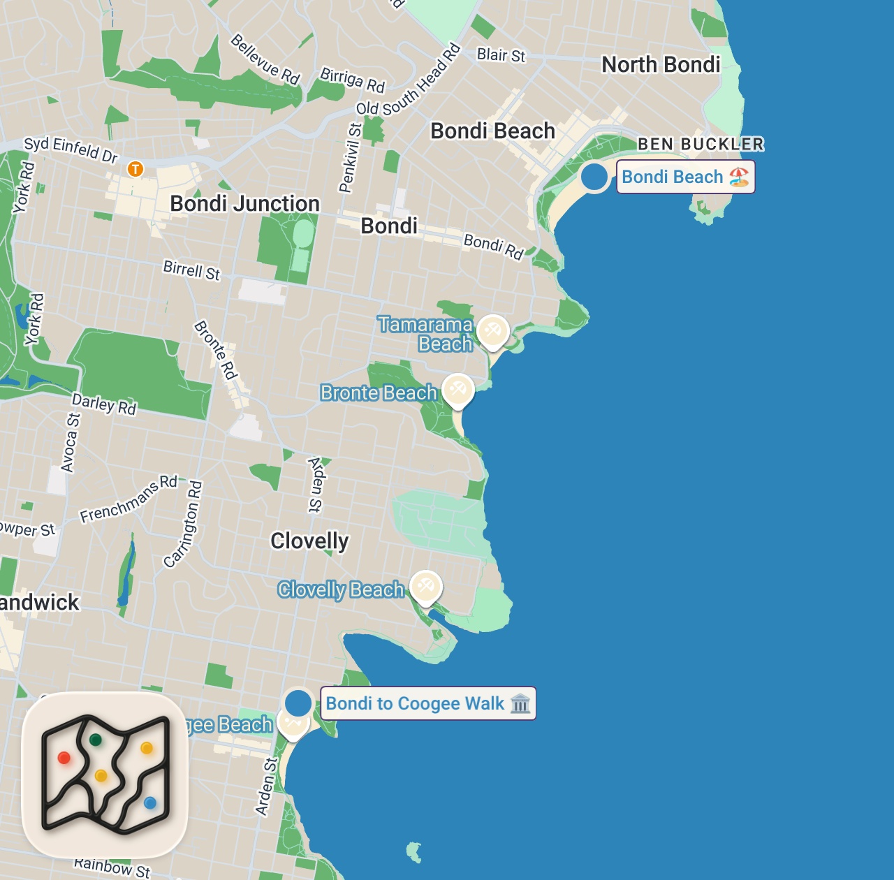Map preview for Best Brunch Cafes in Sydney 🍳 Bondi Beach | Sydney Travel Vlog 2025 🇦🇺