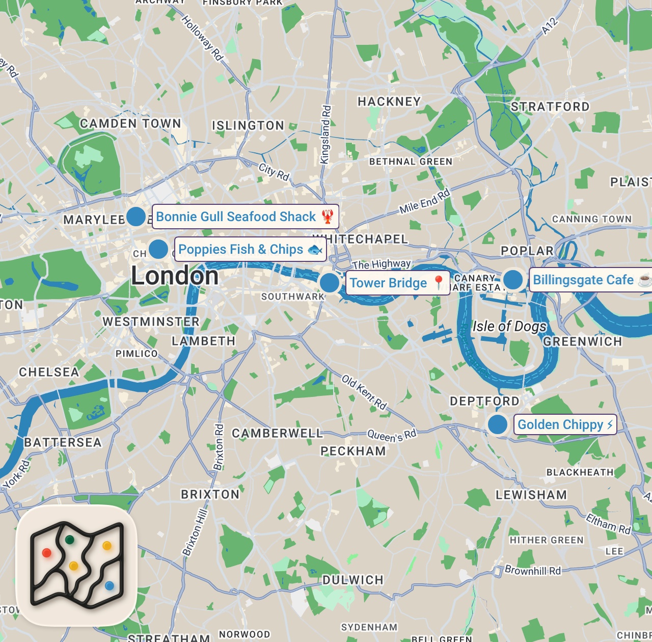 Map of 7 spots from The Best Fish And Chips In London | Best Of The Best