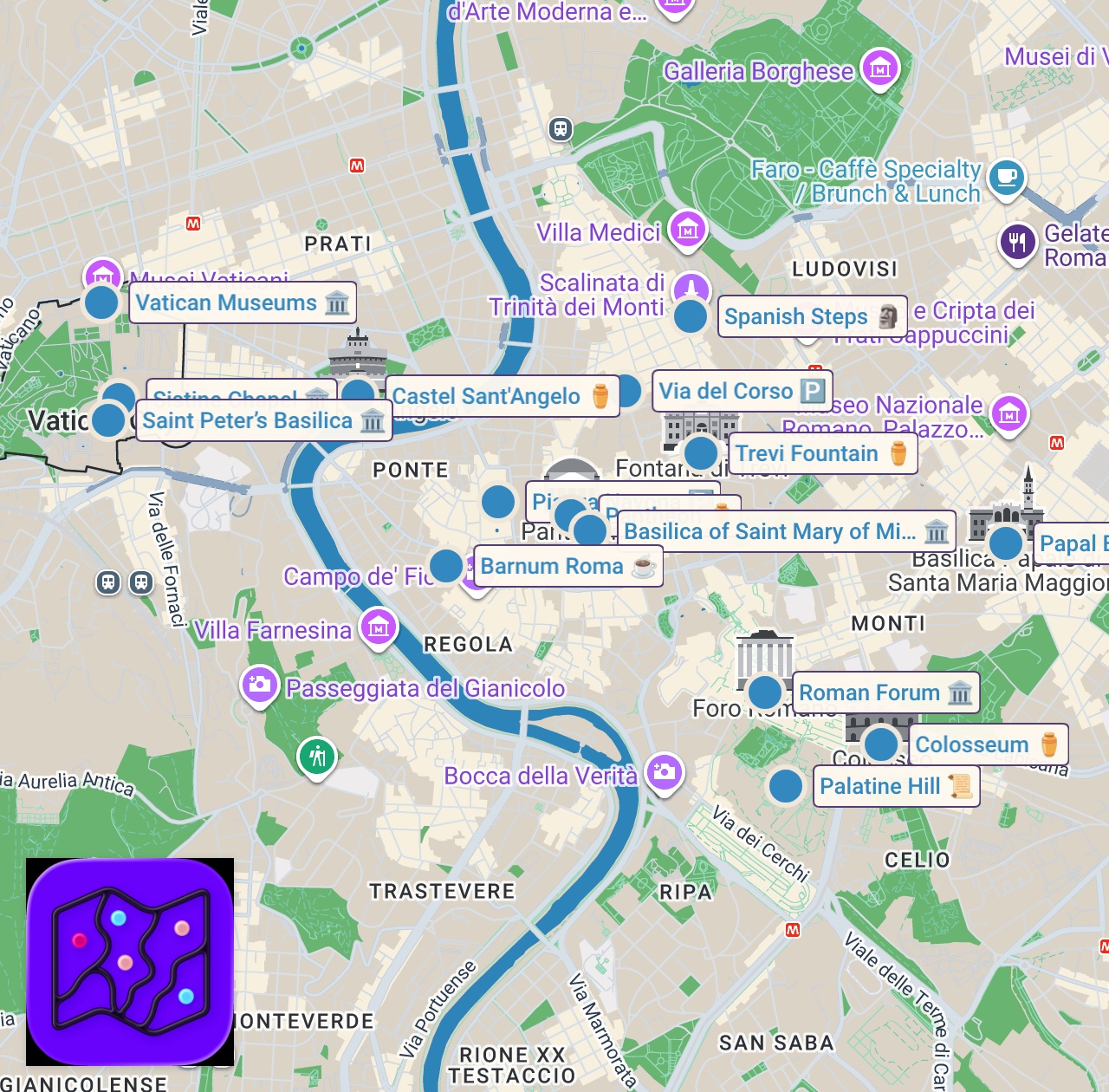 Map of 15 spots from Rome in a Day Guide | Perfect 2026 Itinerary to See It All