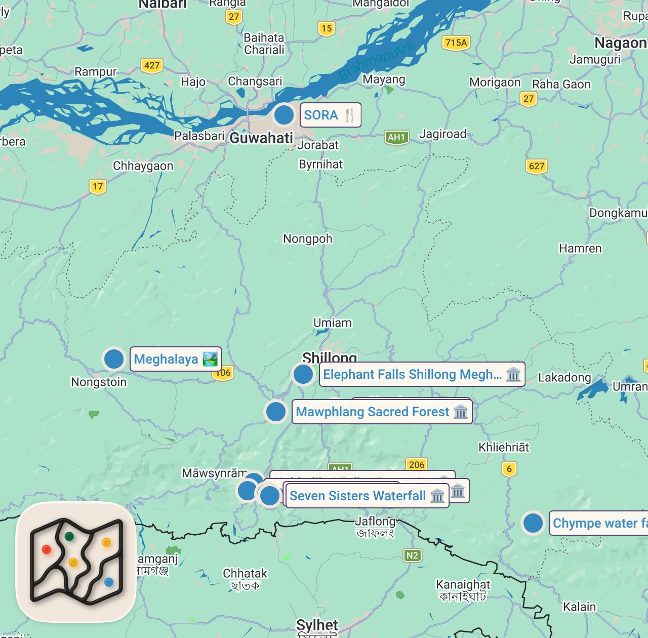 Map of 10 spots from Meghalaya - Là où les Nuages Touchent la Terre !
