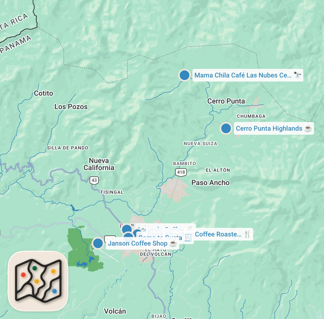 Map of 6 spots from Sip Like a Local: Exploring Panama’s Best Coffee Shops☕🇵🇦 Cafes in Volcan, Tierras Altas Chiriqui