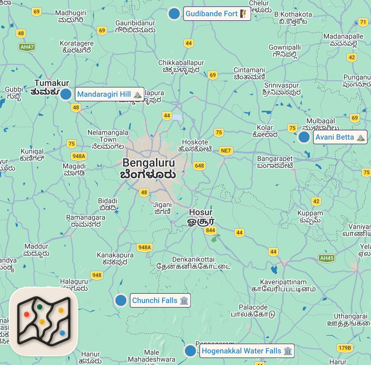 Map preview for Top 5 places near Bangalore for 1-Day Trip #short #shorts #ytshorts #travel #bangalore