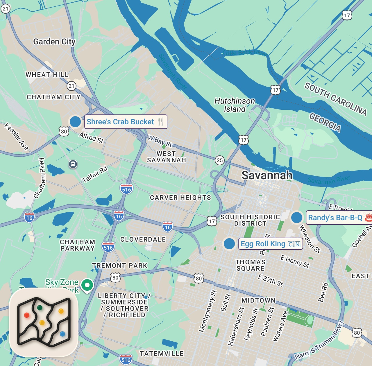 Map of 3 spots from Eating at SKETCHY Restaurants For 24 Hours! (Savannah, GA)