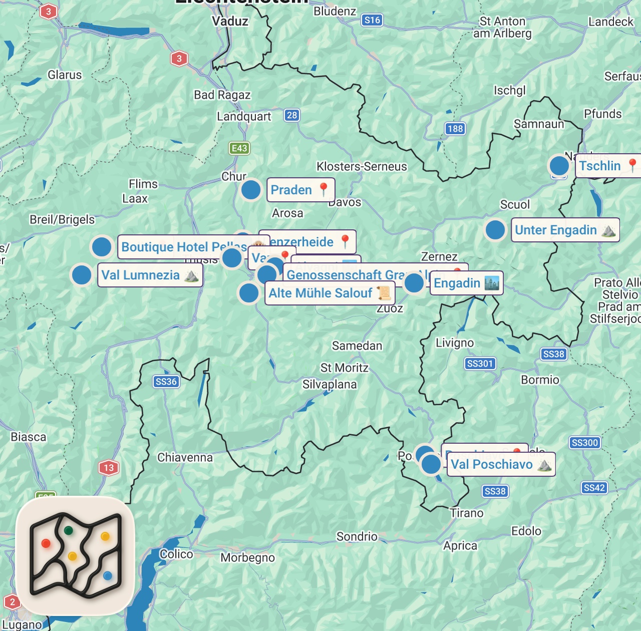 Map of 14 spots from Capuns, Salsiz und weitere leckere Spezialitäten aus der Schweiz (NZZ Format 2009)