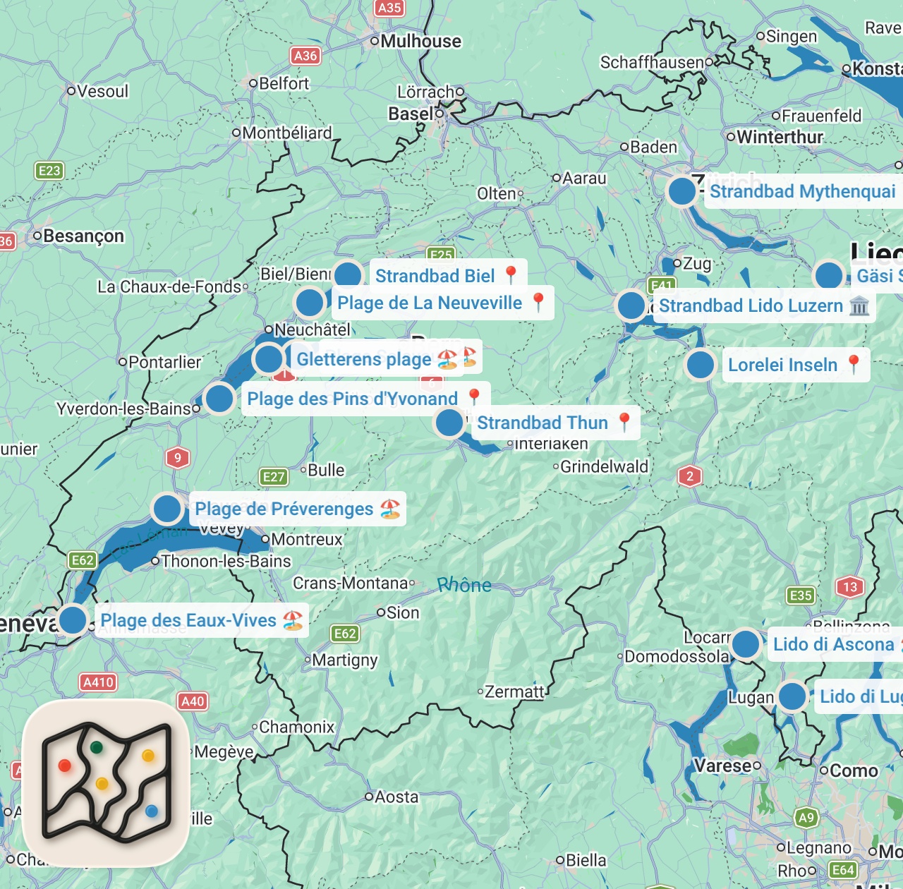 Map preview for Die schönsten Strände der Schweiz 🏖️👙😎