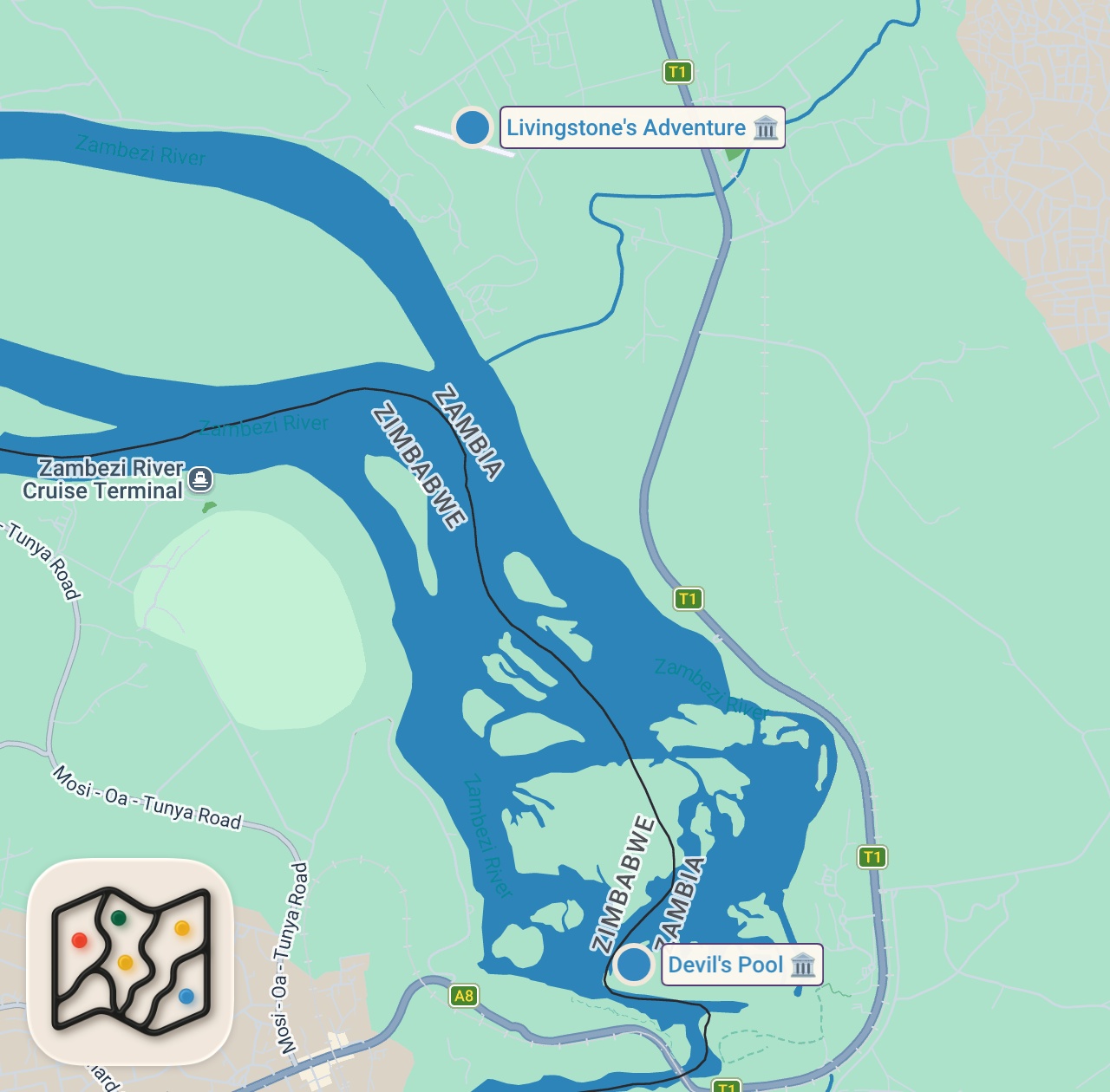 Map of 2 spots from The Most Dangerous Infinity Pool In the World – Devil’s Pool, Victoria Falls, Zambia 🇿🇲 (scary)