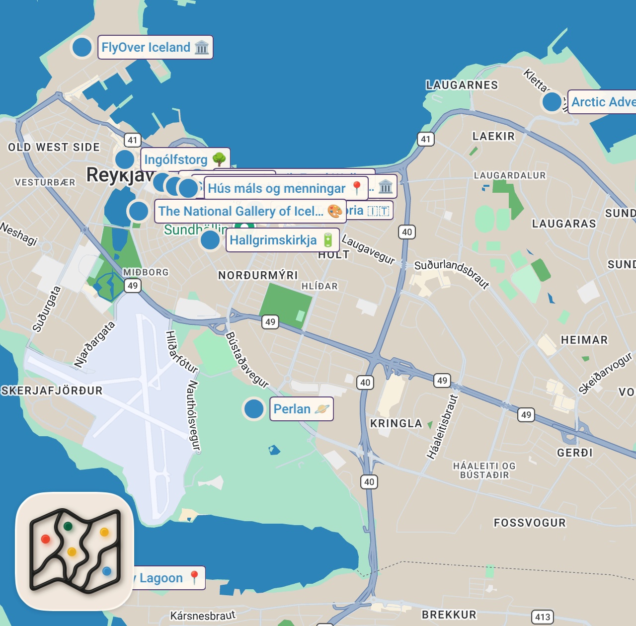 Map of 13 spots from 🇮🇸 Weekend in Reykjavik 2 Day Itinerary 🇮🇸 48 hours in Reykjavik #reykjavik #icelandtravel