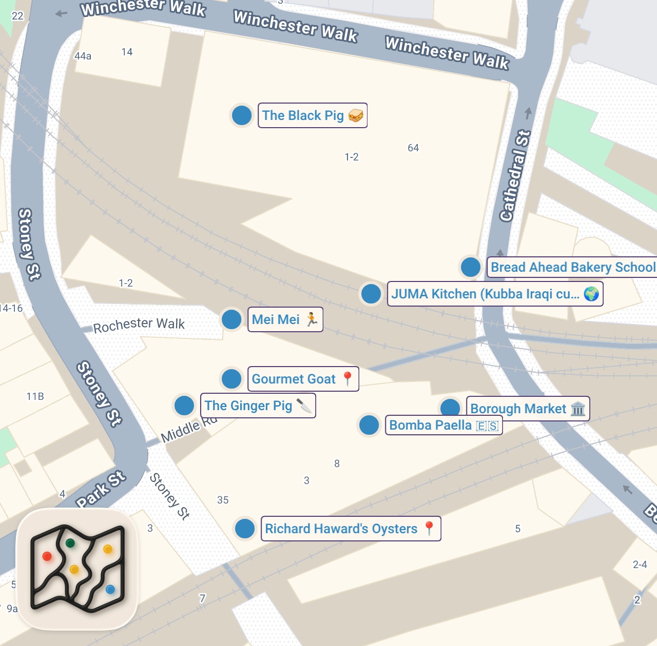 Map of 12 spots from Best London Street Food at Borough Market (1,000 Years Old!!)