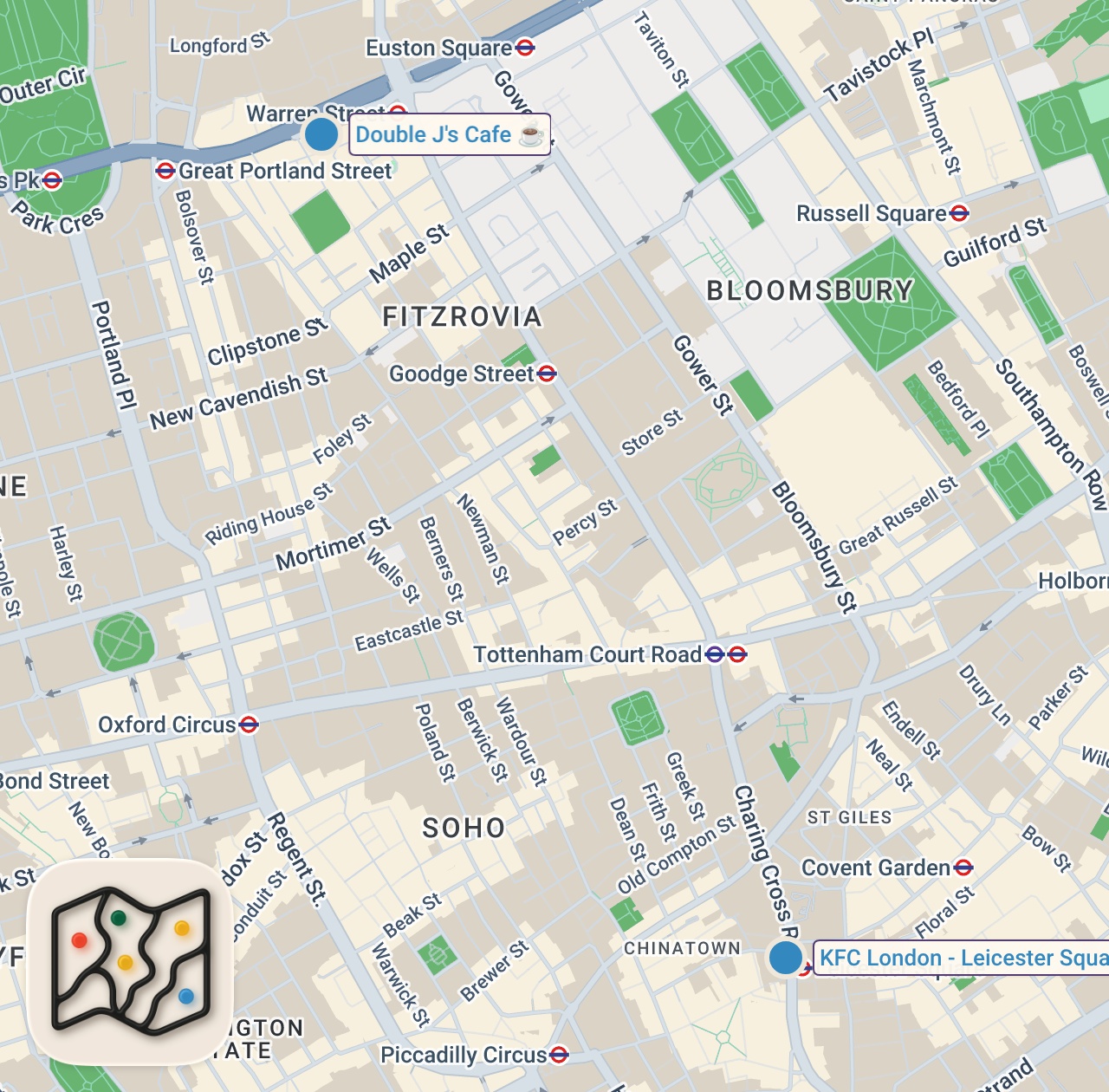 Map of 2 spots from YouTubers Decide My Meals for 24 Hours