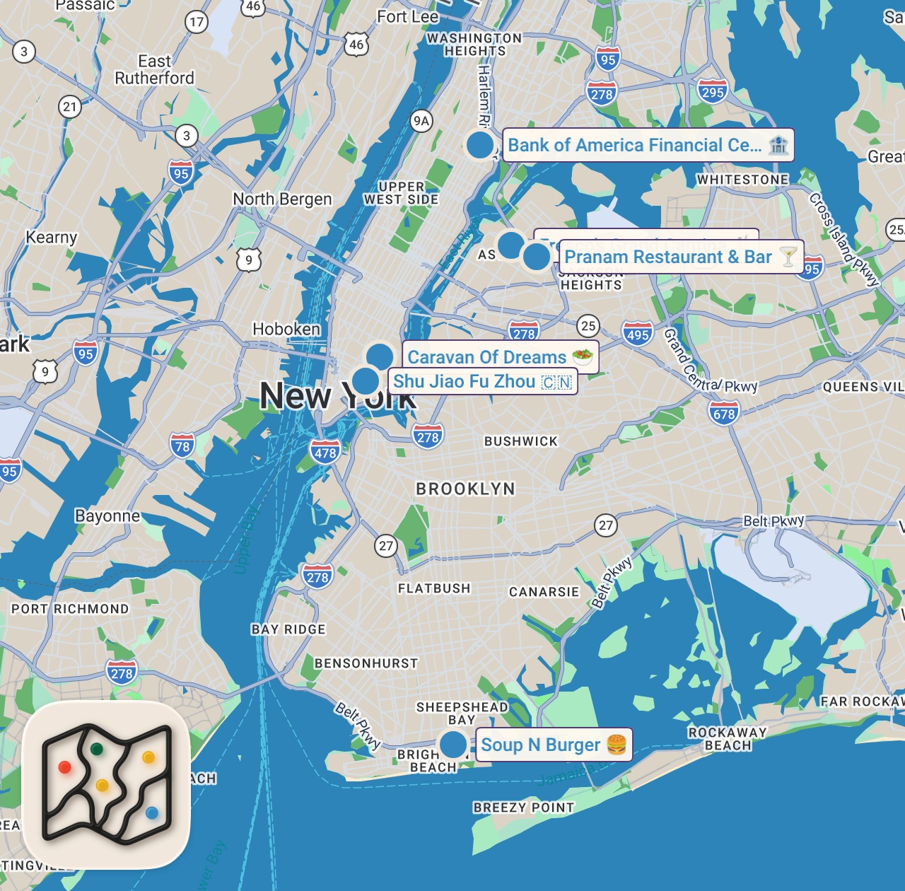 Map of 6 spots from I Tried "Struggling" NYC Restaurants