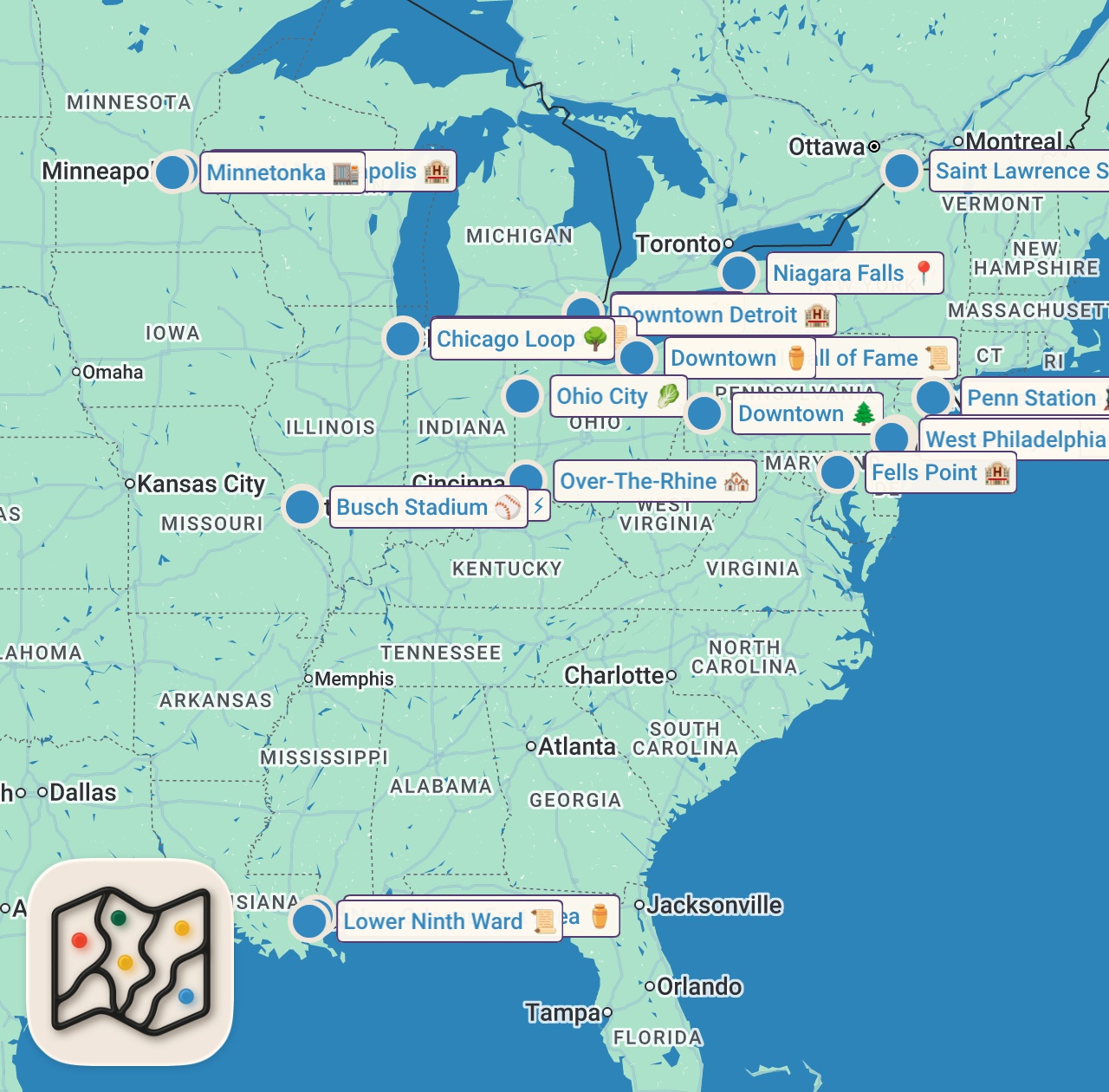 Map of 28 spots from 12 Fastest-Shrinking U.S. Cities Since 1950