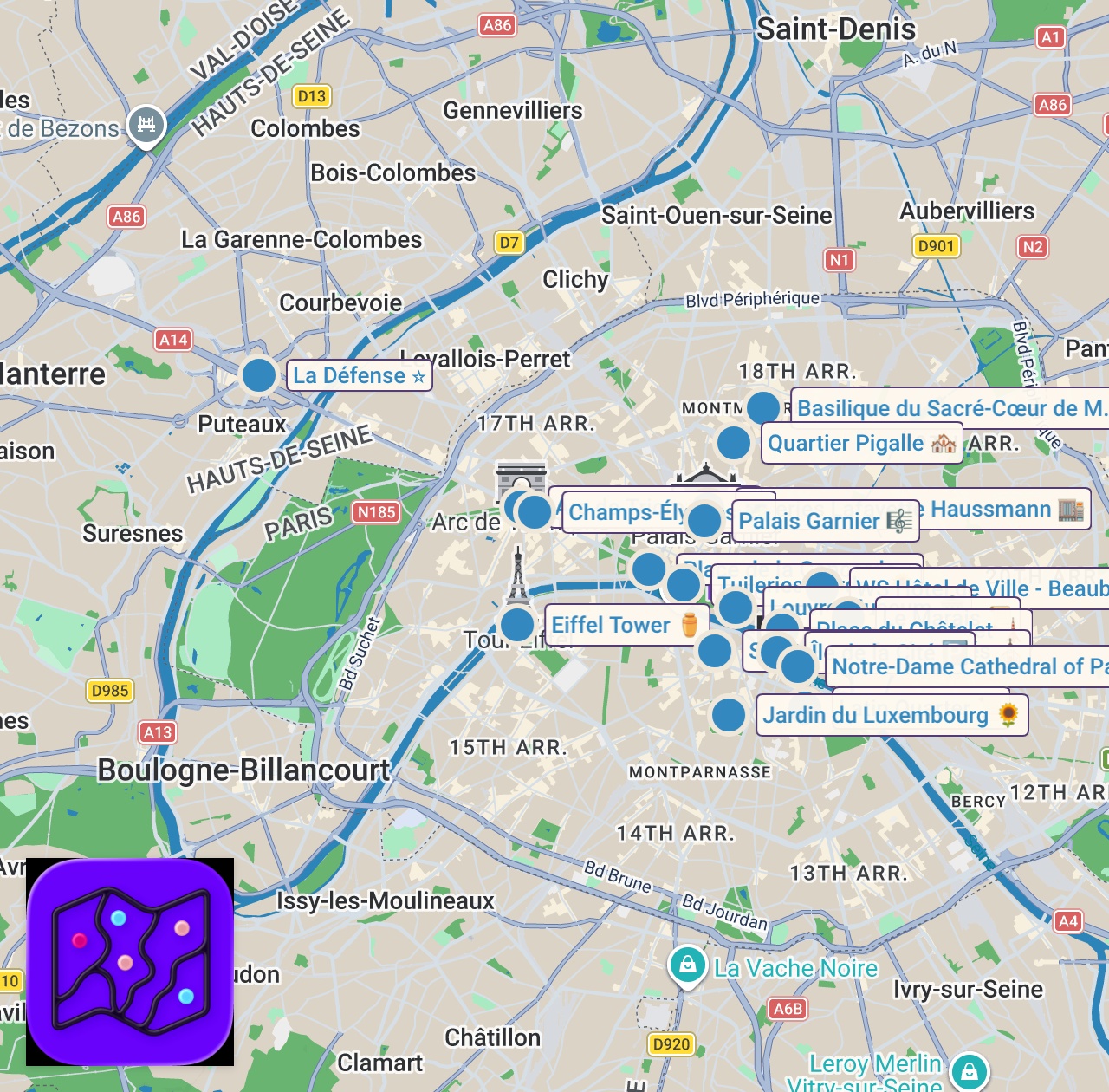 Map of 19 spots from The Ultimate PARIS Travel Vlog 🇫🇷