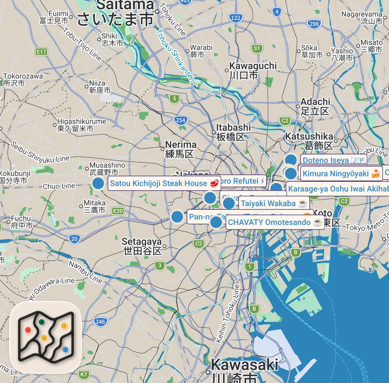 Map of 13 spots from Tokyo's Ultimate Street Food Tour: 15 Must-Try Eats You Can't Miss!