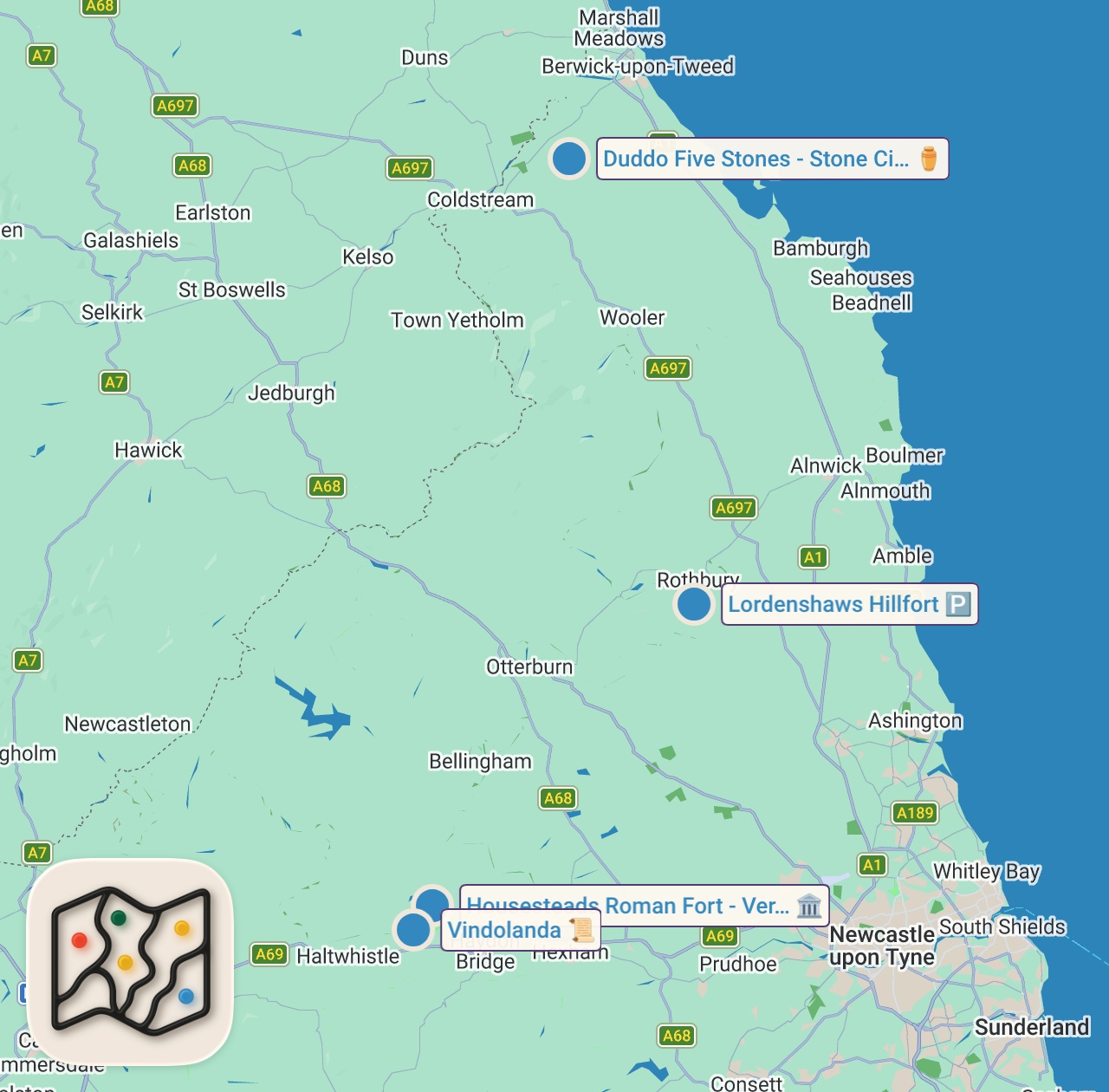 Map of 4 spots from HADRIAN'S WALL | ENGLAND TRAVEL VLOG #1