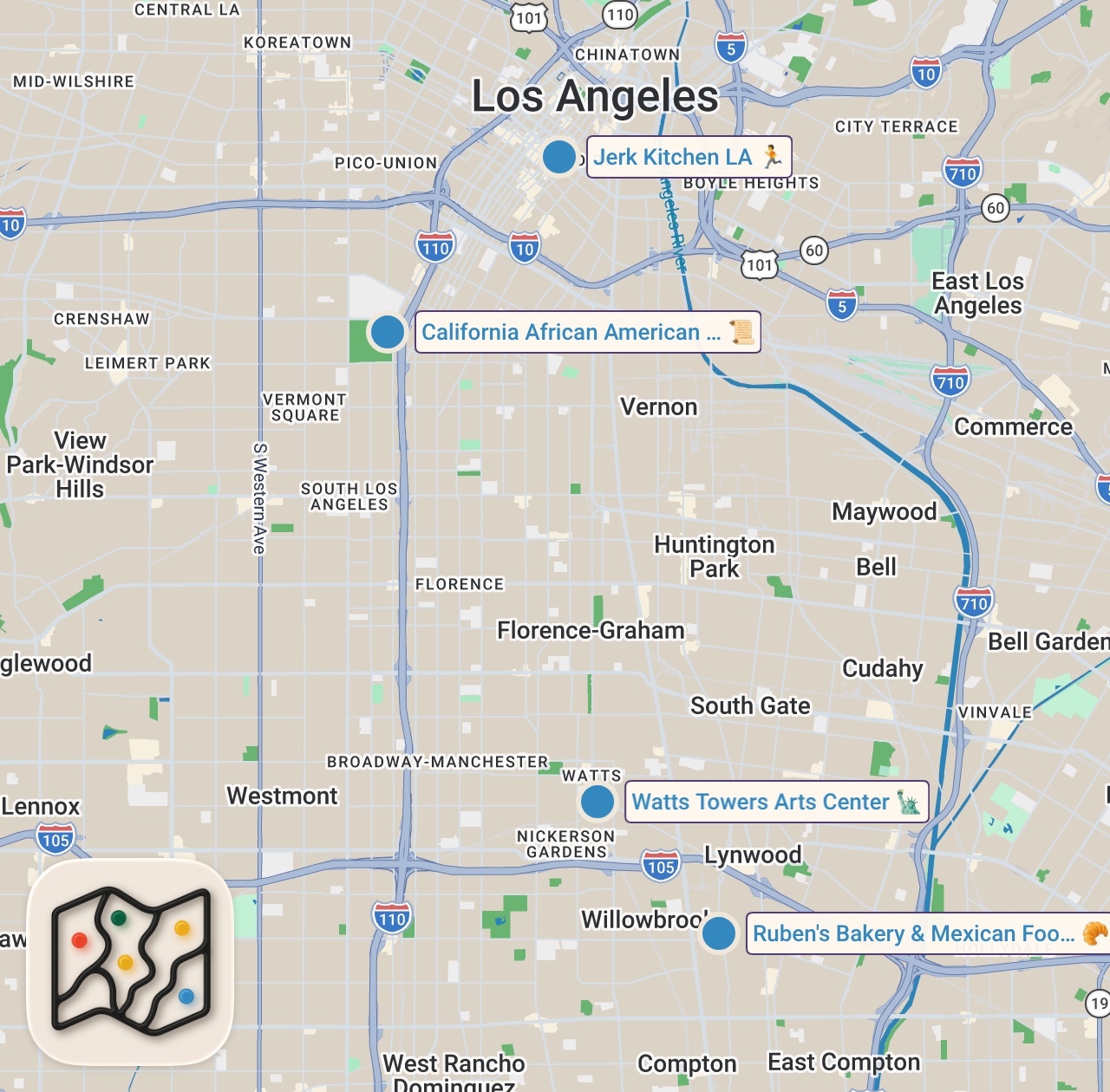 Map of 4 spots from Trying Facebook Marketplace Food in COMPTON & WATTS LA