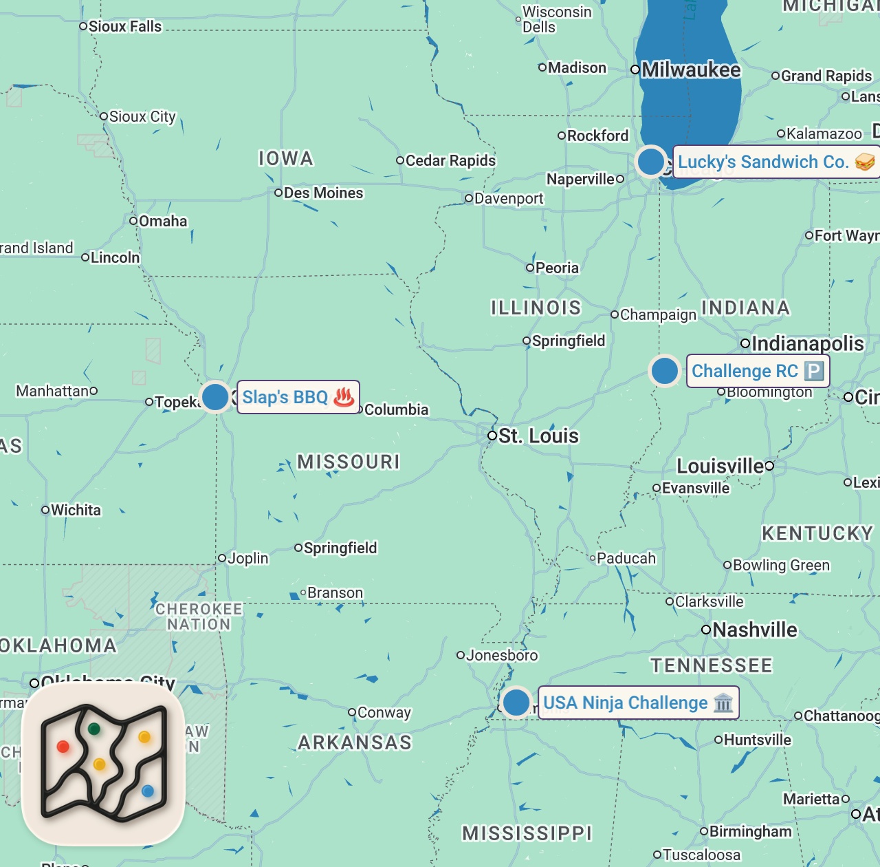 Map of 4 spots from CRAZIEST Sandwich Challenges | Man v. Food | Travel Channel