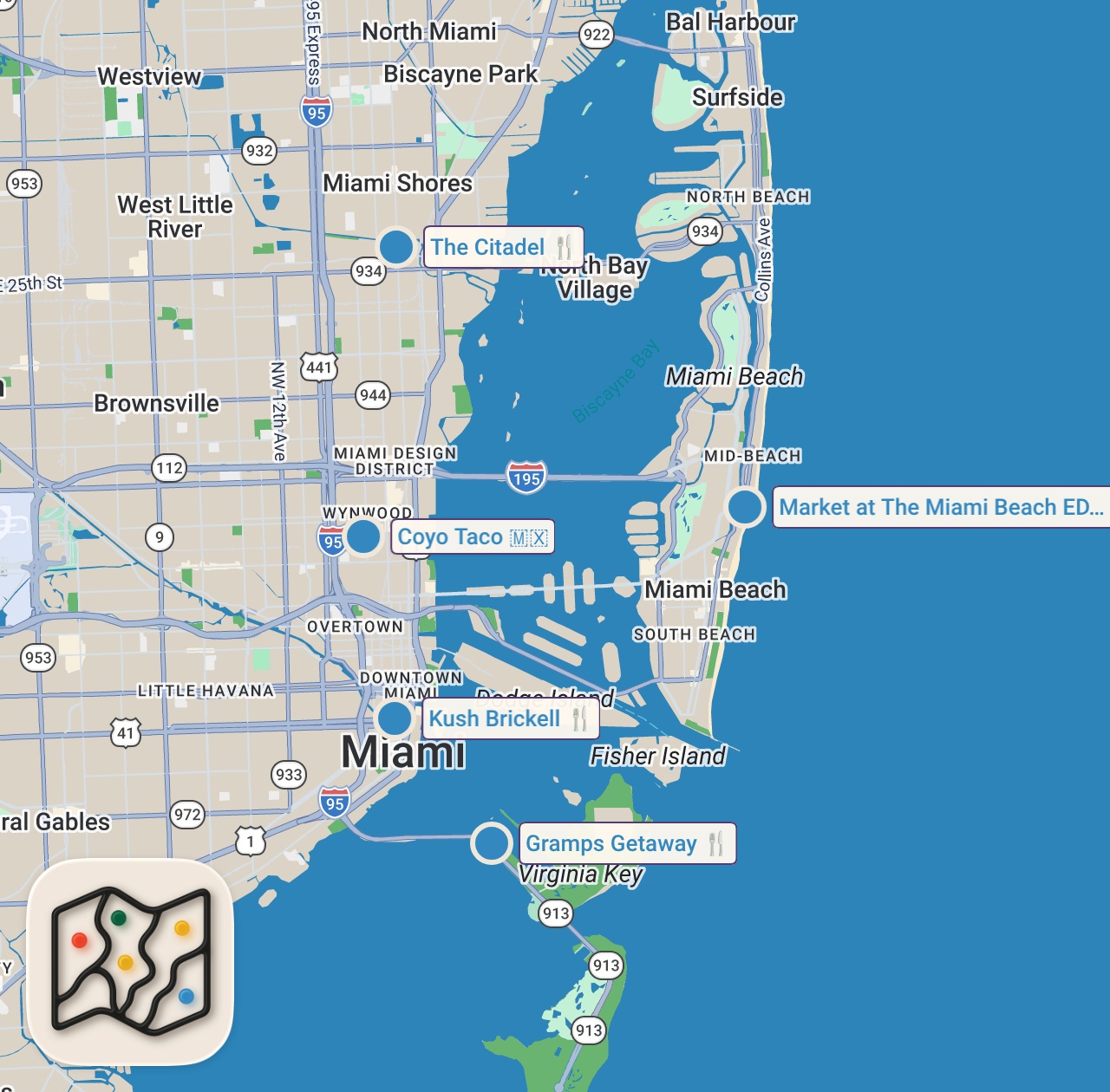Map preview for The BEST BURGER in MIAMI! FRIED ALLIGATOR, TACOS and more! DEVOUR POWER FOOD CRAWL