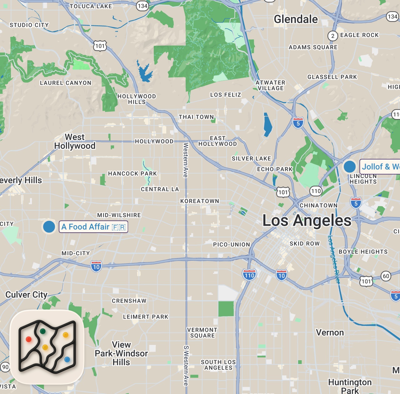 Map of 2 spots from Trying The BEST French & Senegalese Restaurants in LA