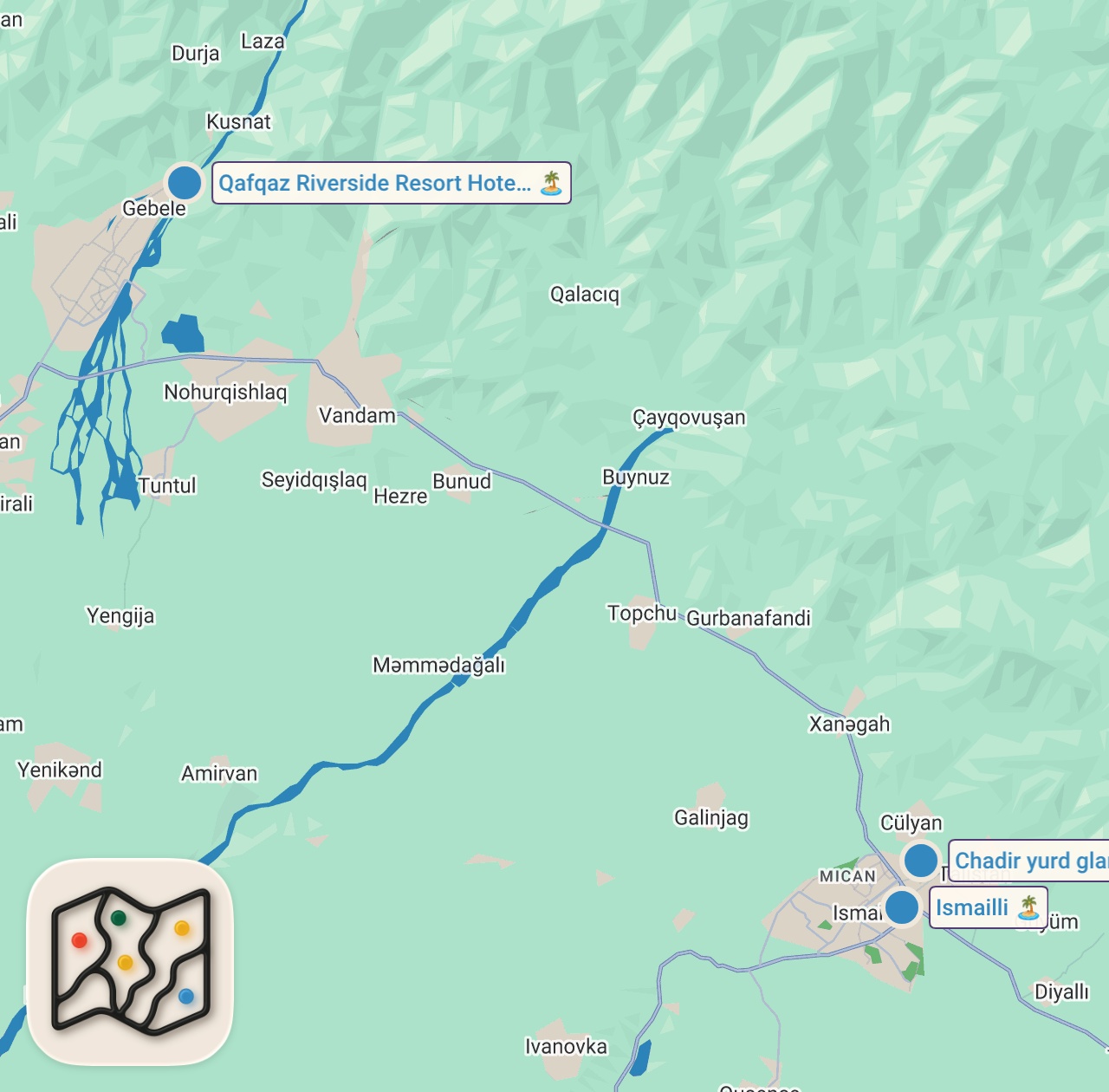 Map of 3 spots from Unseen Eurasia VILLAGE FOOD!! Beef Dolma + RICE PILAF in Paradise Mountains, Azerbaijan!!