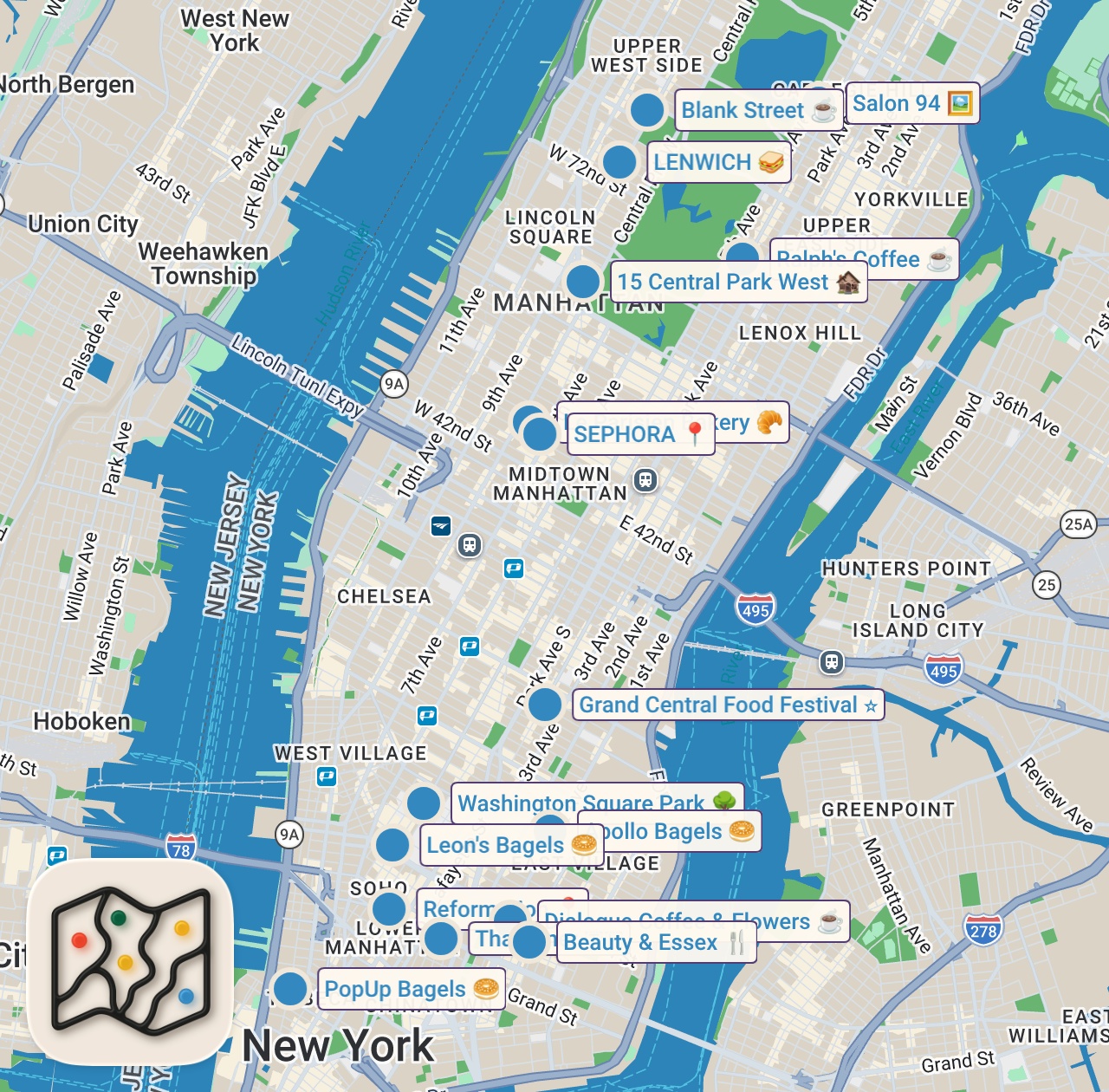 Map of 16 spots from Alone in NEW YORK CITY 🚕 | what I eat, exploring the city & leaving my comfort zone