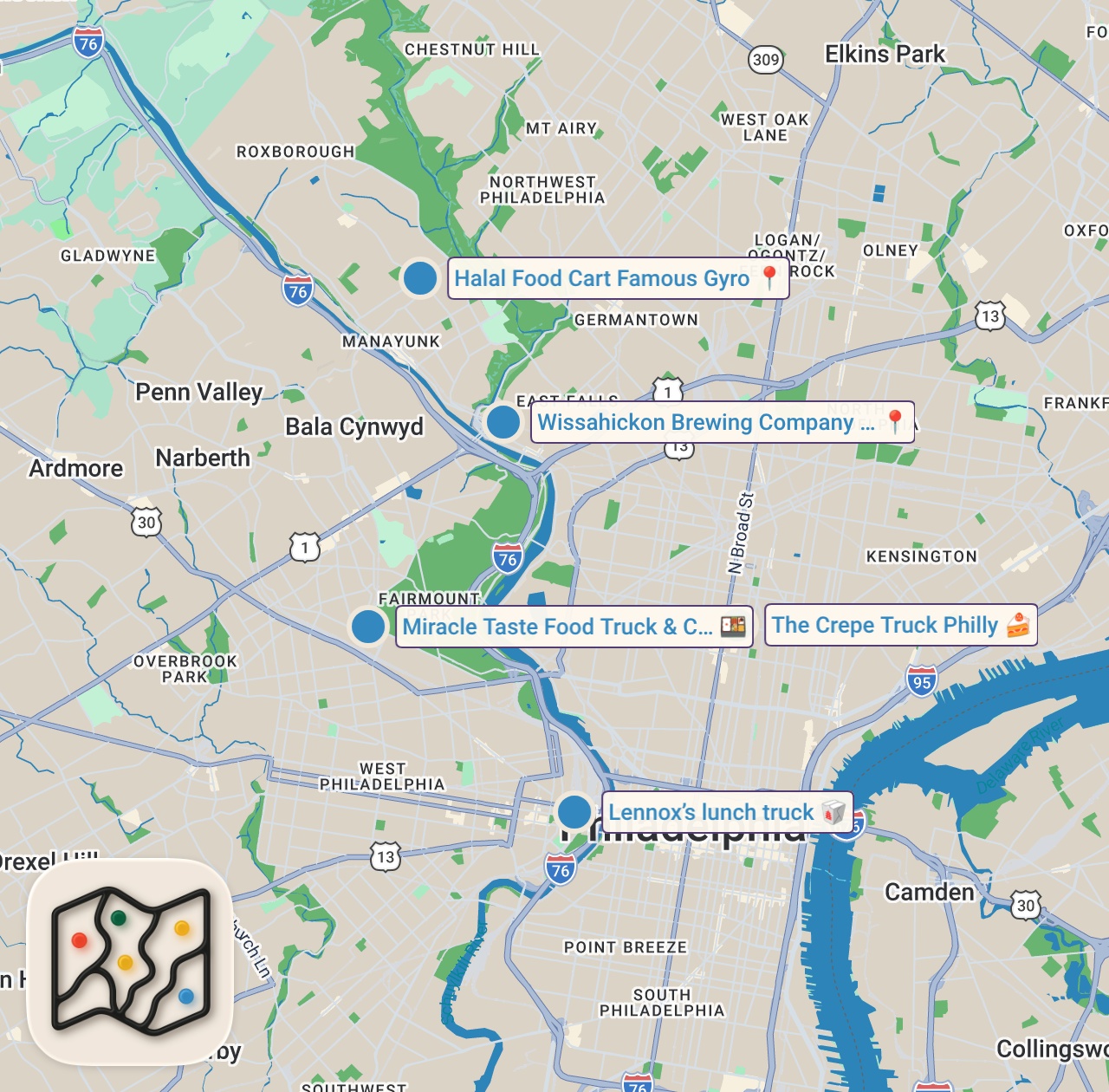 Map of 5 spots from I Spent 24 Hours Eating At Phillys BEST Food Trucks!