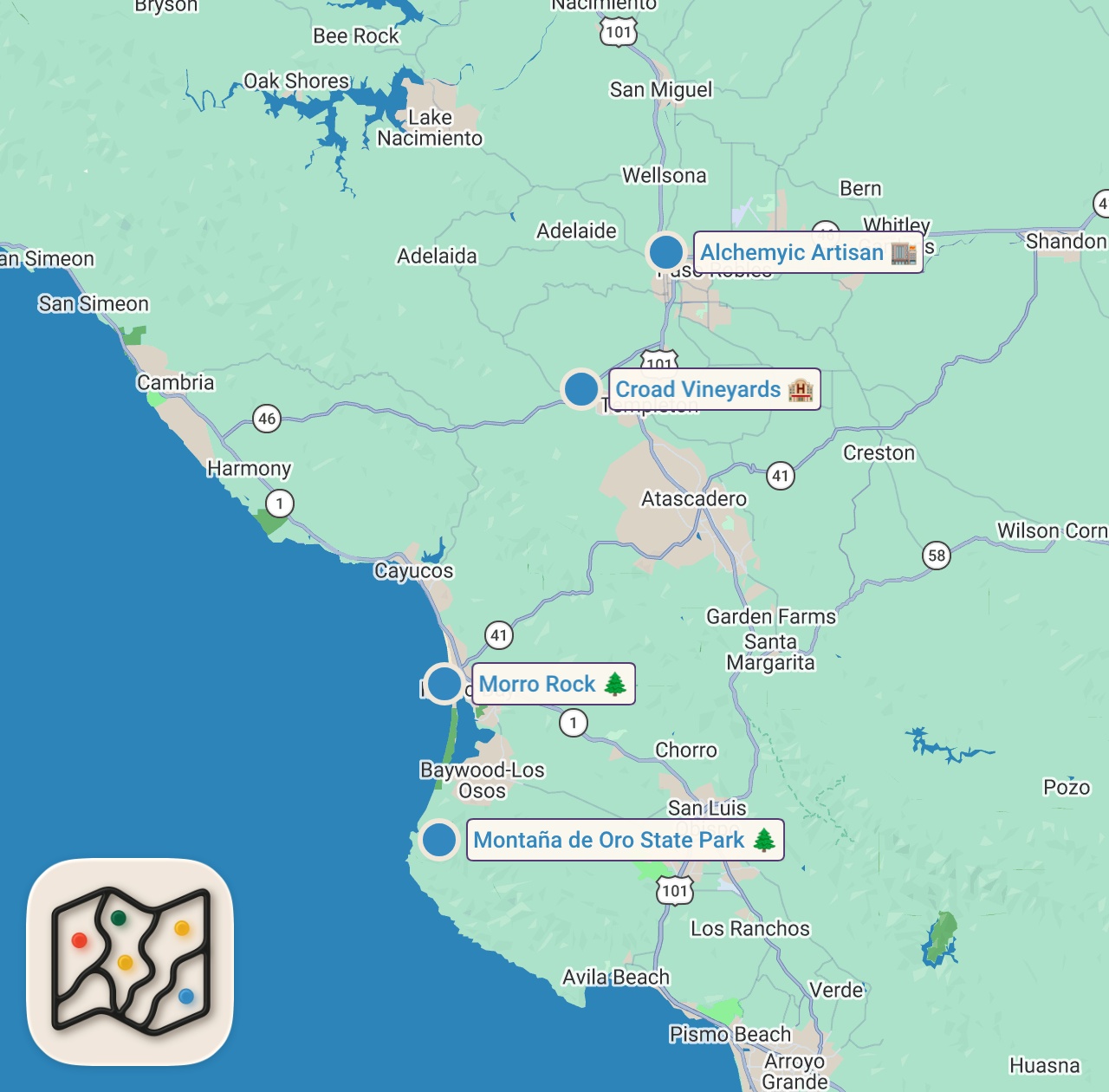 Map of 4 spots from California Motorcycle Camping Adventure |  San Luis Obispo to Paso Robles (Day 3)