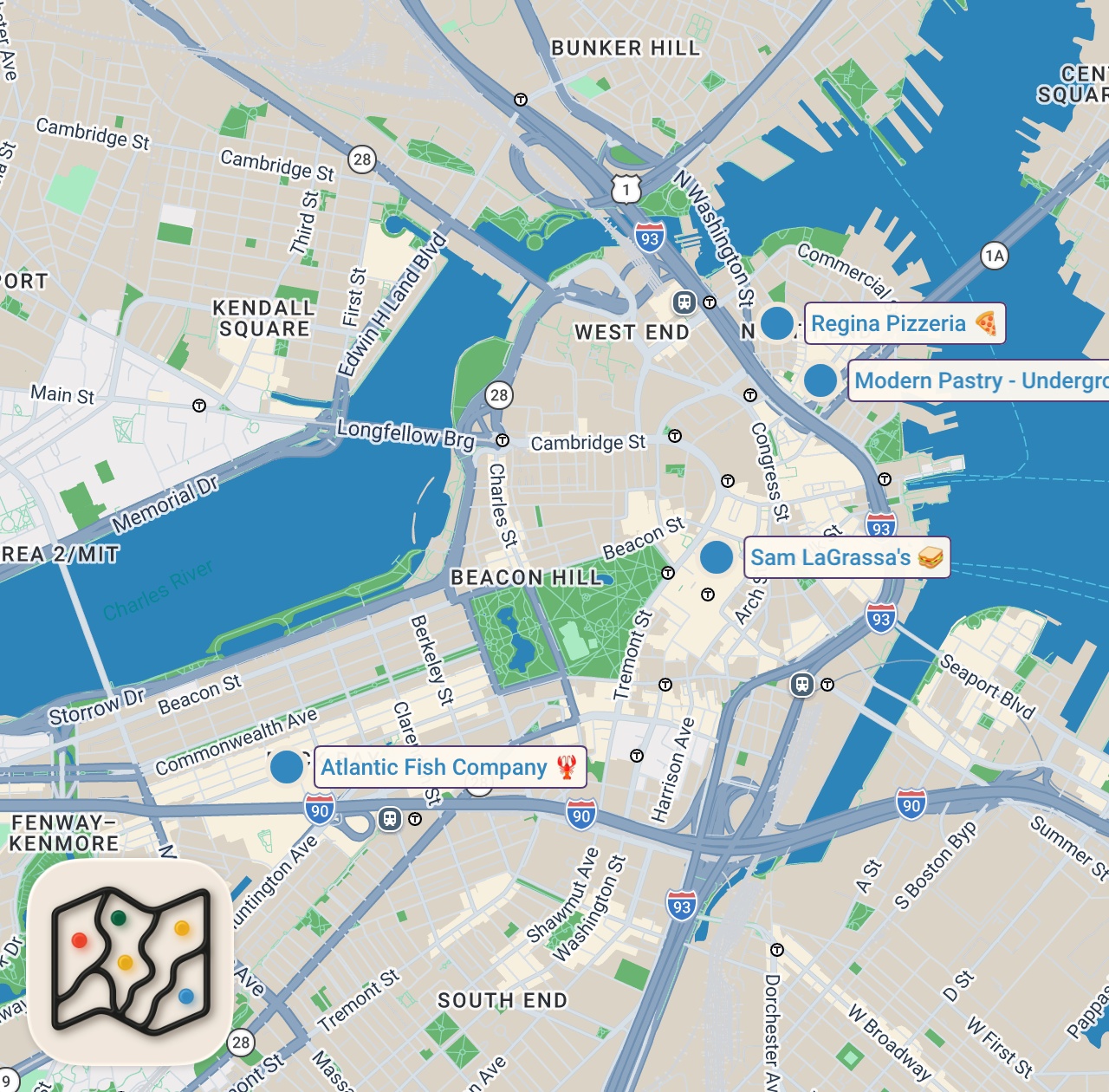 Map of 4 spots from 24 Hours Eating Boston's Most FAMOUS Food!