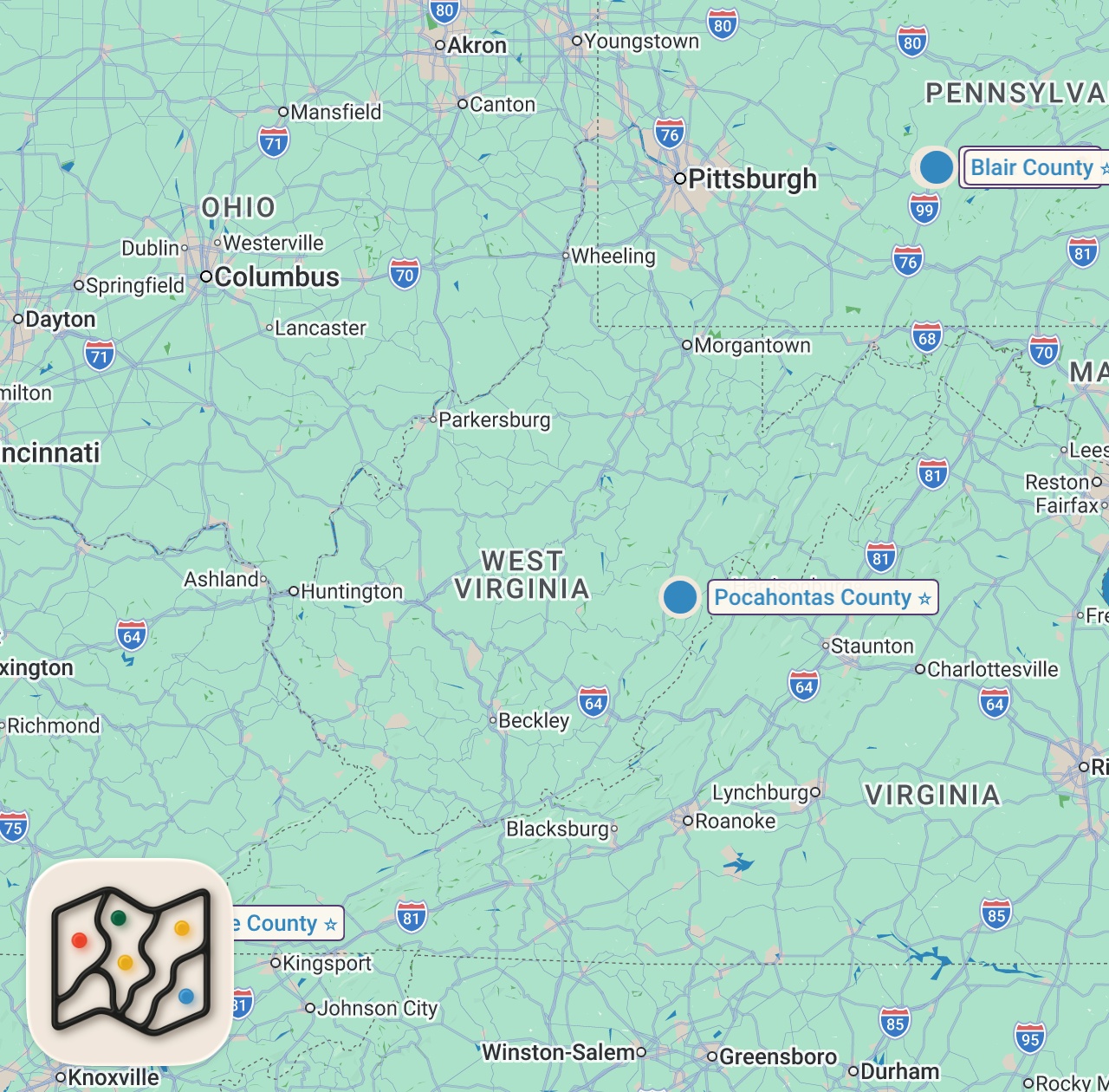 Map of 4 spots from Closest Calls | Mountain Monsters | Travel Channel