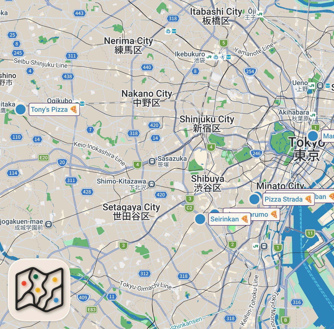 Map of 9 spots from 7 Must Eat Tokyo Pizza Shops
