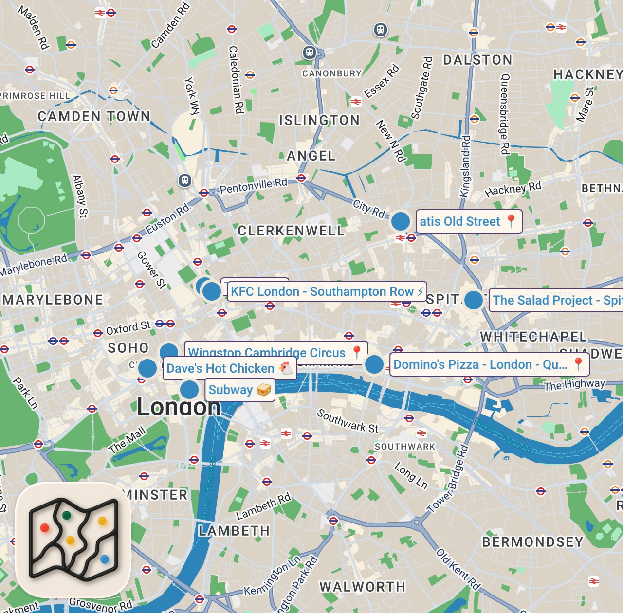 Map of 8 spots from US vs UK Fast Food