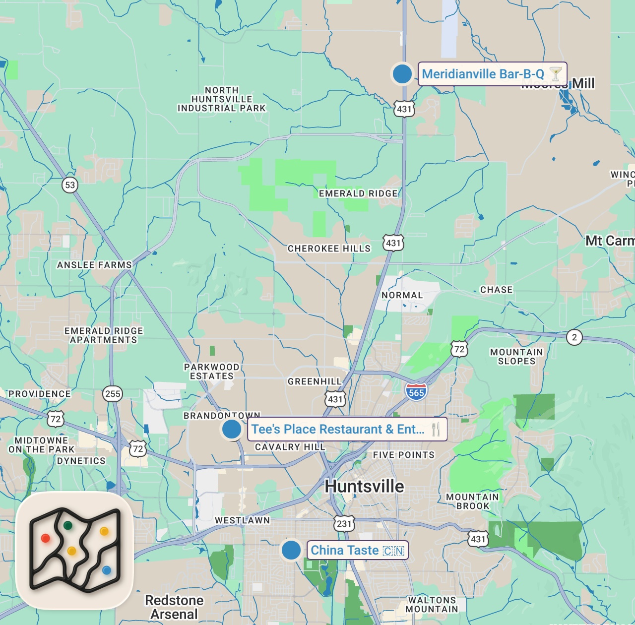 Map preview for Eating at SKETCHY Restaurants For 24 Hours... (Huntsville, Alabama)