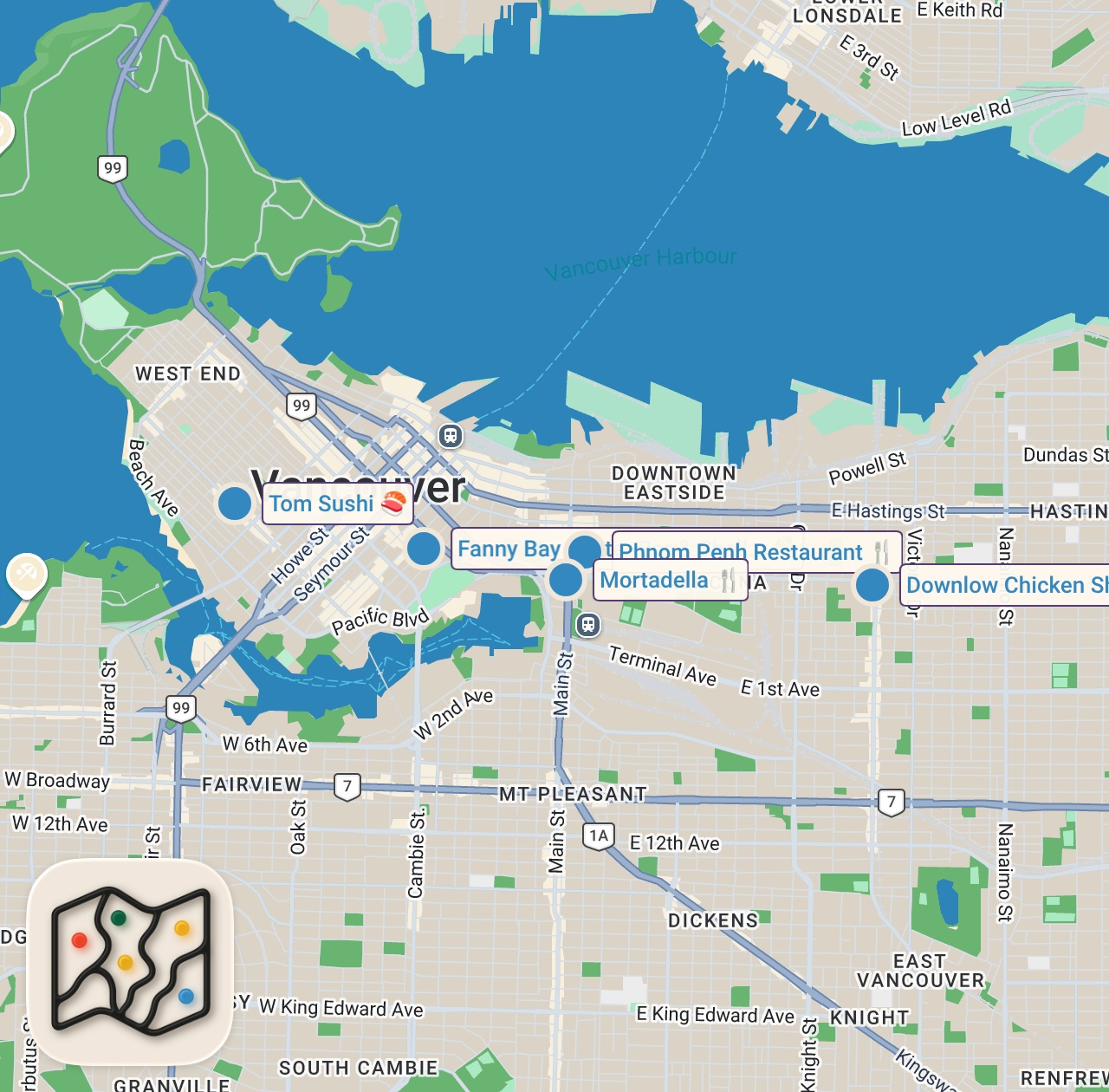 Map of 6 spots from 48 Hours Eating Vancouver's BEST Food!