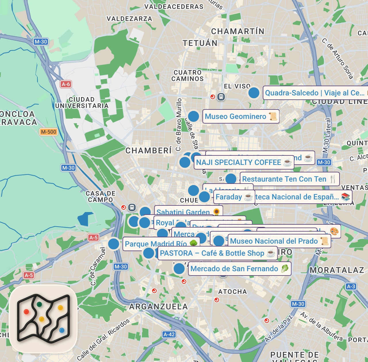 Map of 26 spots from 41 Tips I Wish I Knew Before Visiting Madrid, Spain