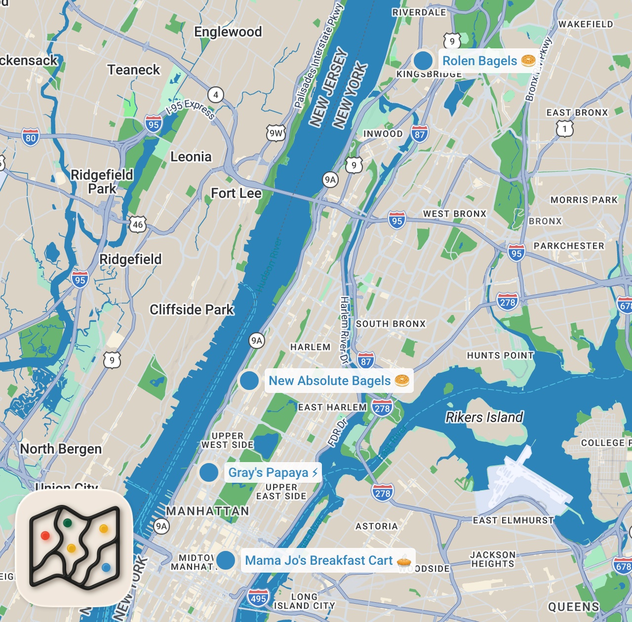 Map preview for BEST BREAKFAST IN NEW YORK CITY cheap, delicious breakfast spots in #nyc #foodreview #eater