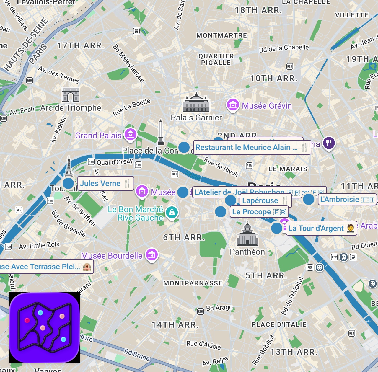 Map of 10 spots from 10 Fine Dining Restaurants in Paris to Celebrate (€€ to €€€€)