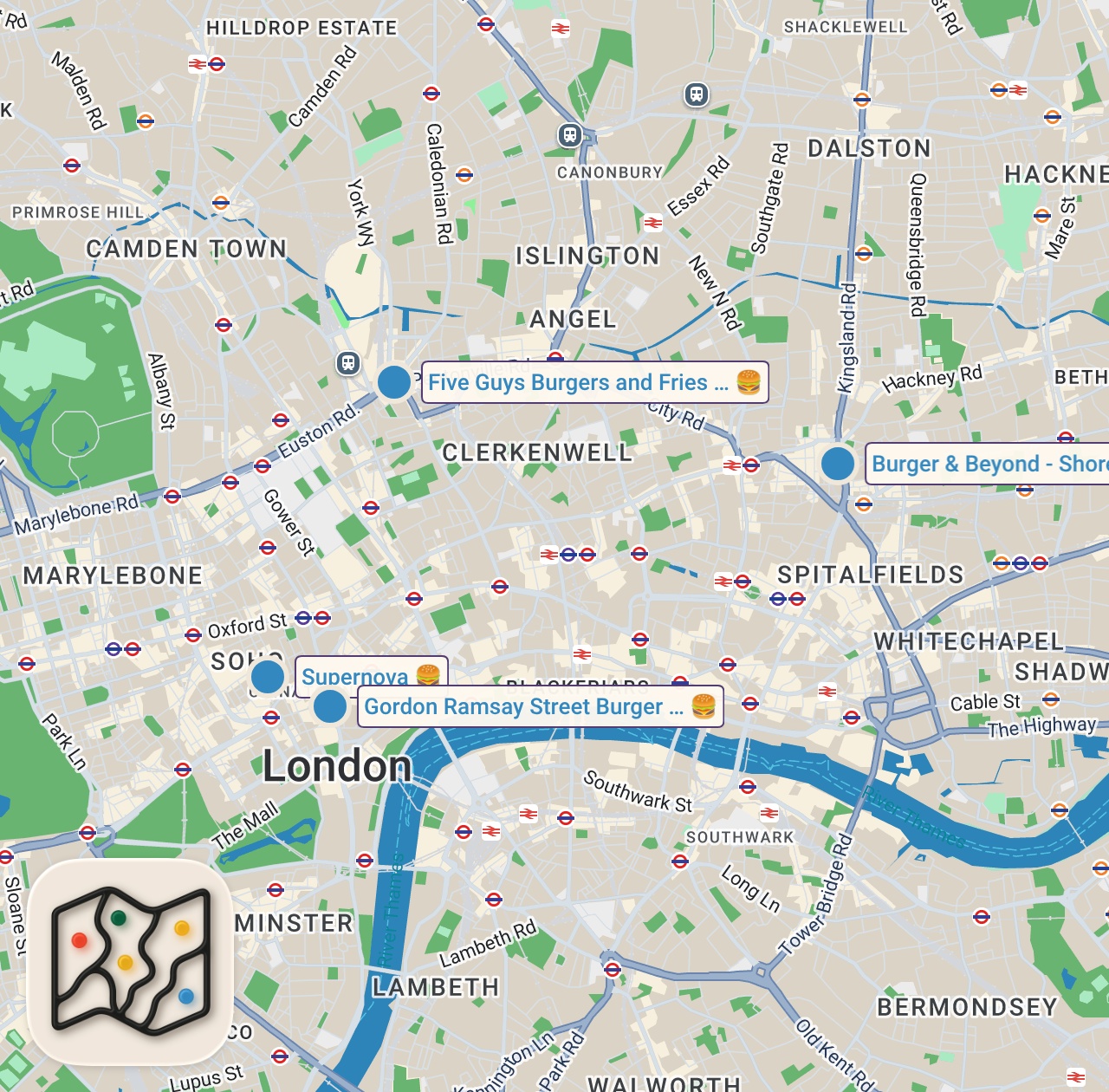 Map of 4 spots from Finding the Best Burger in London