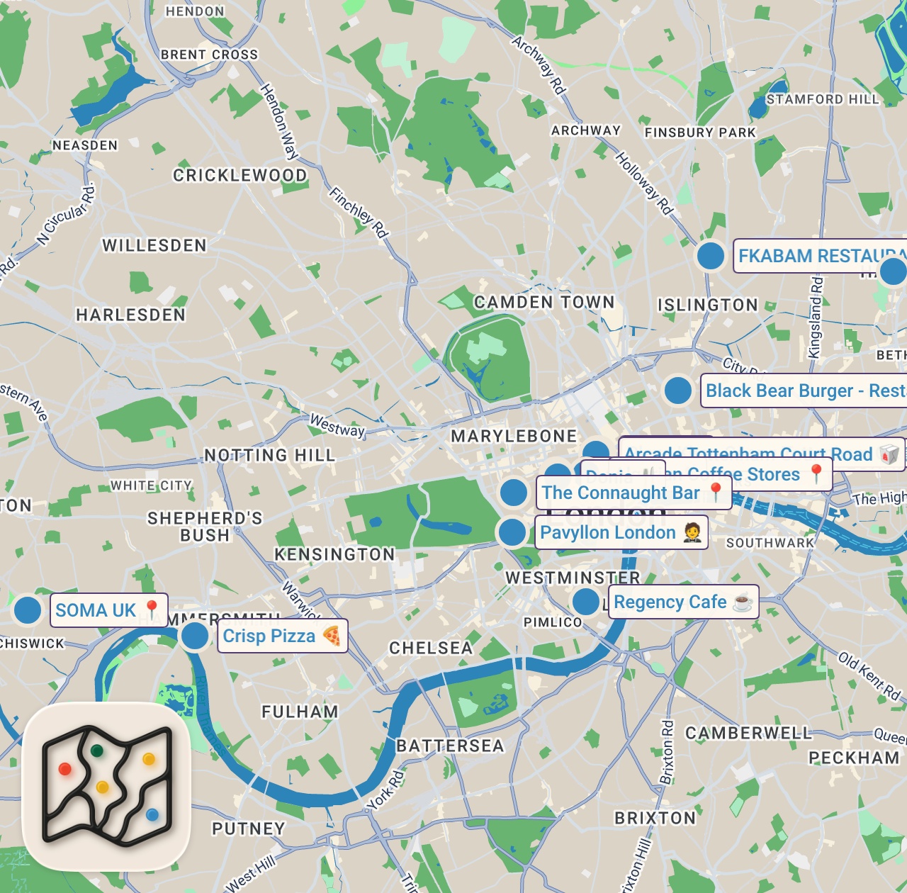 Map of 14 spots from London’s Best Restaurants: Where Chefs Eat