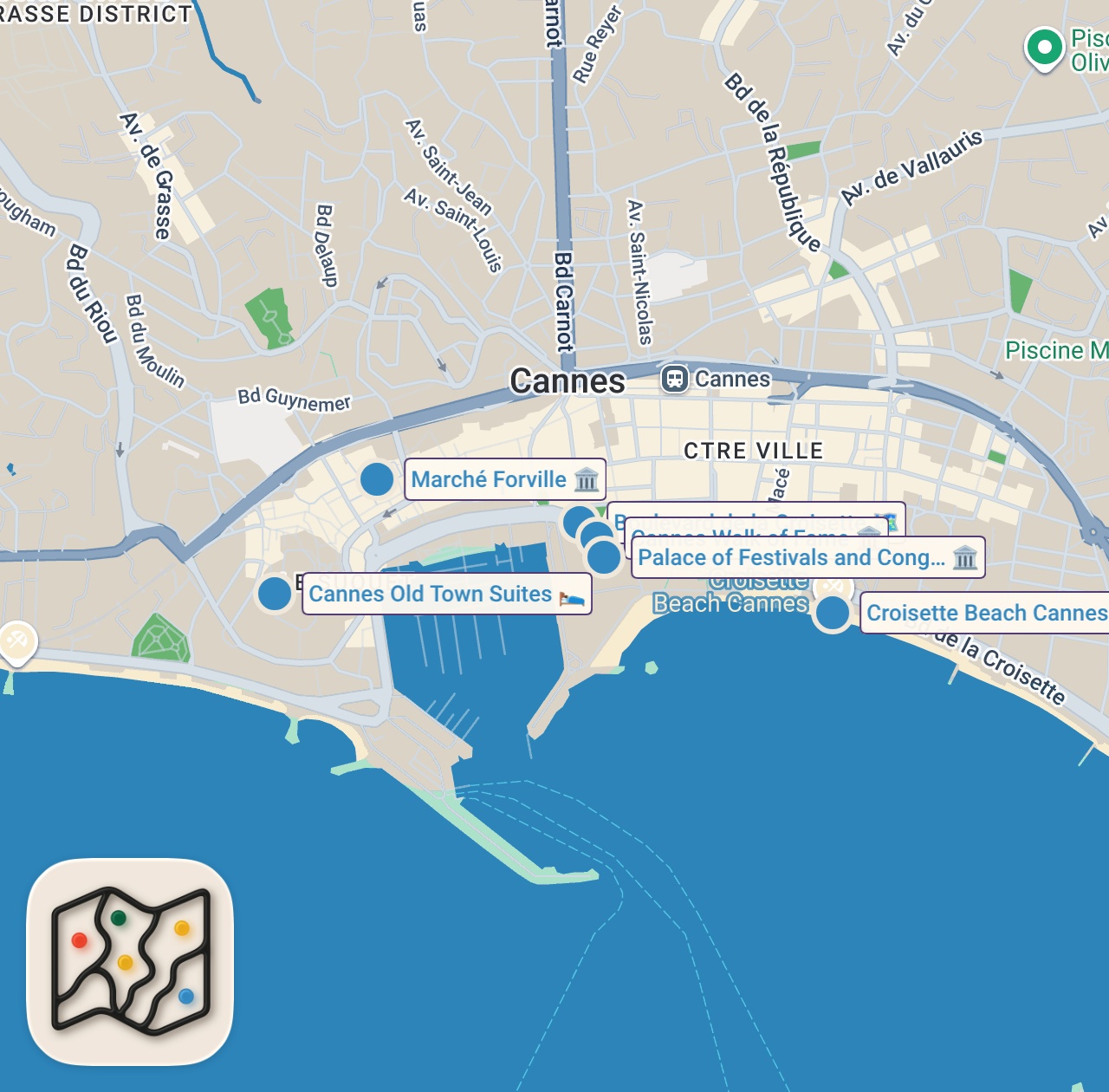 Map of 6 spots from Walk in CANNES, local market, old town, beach and more! What to do in Cannes and what to see!