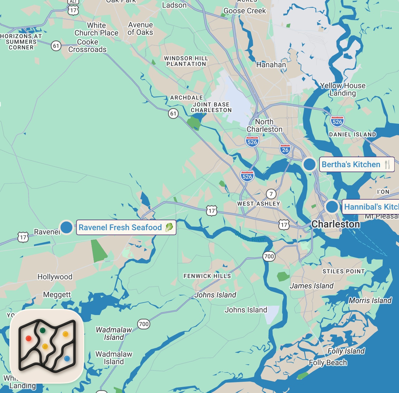 Map of 3 spots from Famous GARLIC BUTTER Blue Crabs!! 🦀 Must-Eat SOUL FOOD in Charleston, South Carolina!