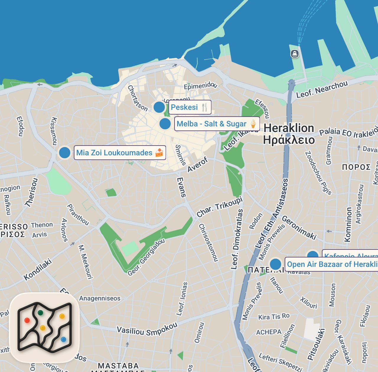 Map preview for Greek Street Food in HERAKLION 🇬🇷 Lamb Antikristo + Europe's Best Organic Restaurant - Cretan Food
