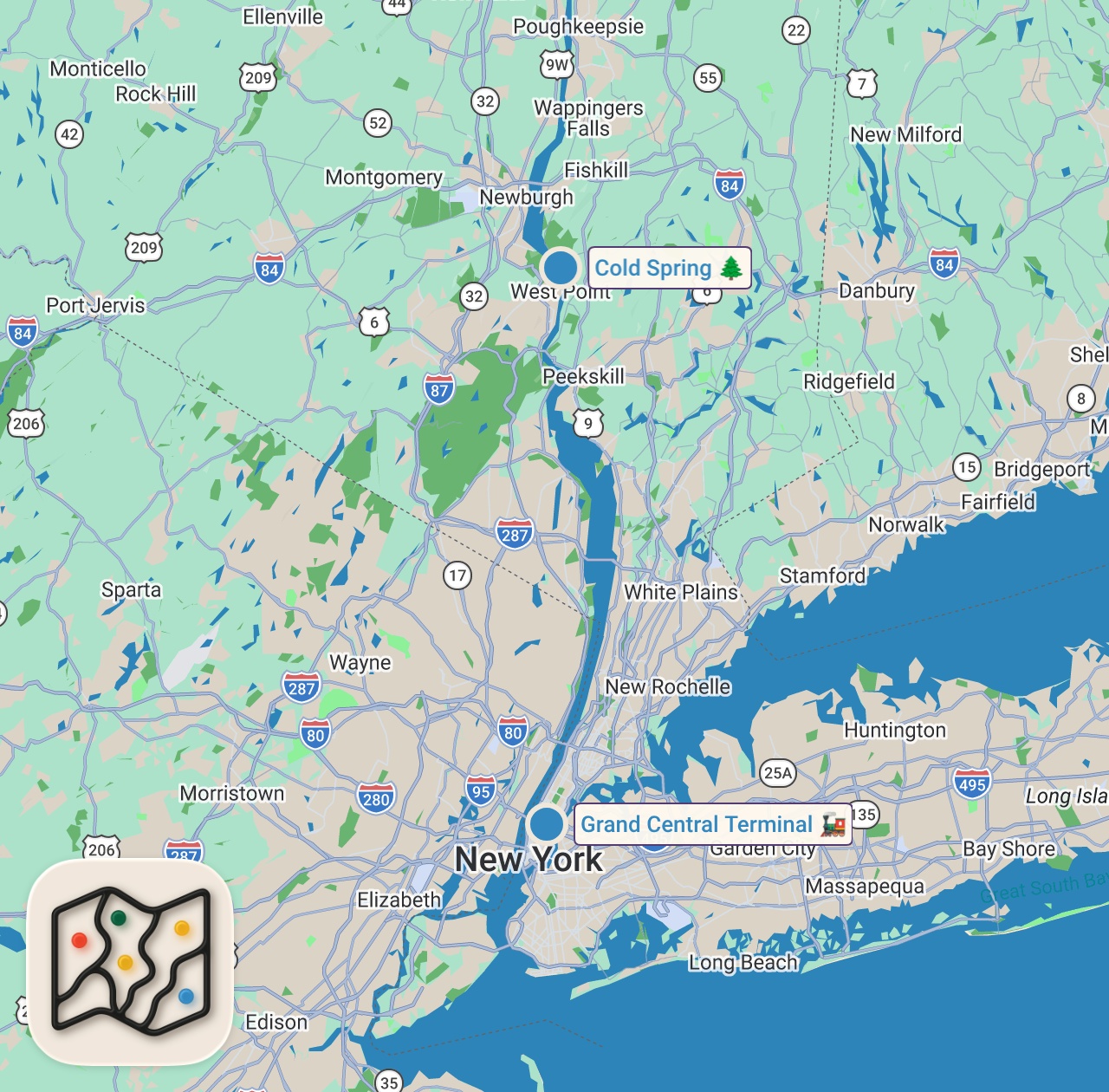 Map of 2 spots from the balance I'm trying to create | work days, hiking trails & sunday resets
