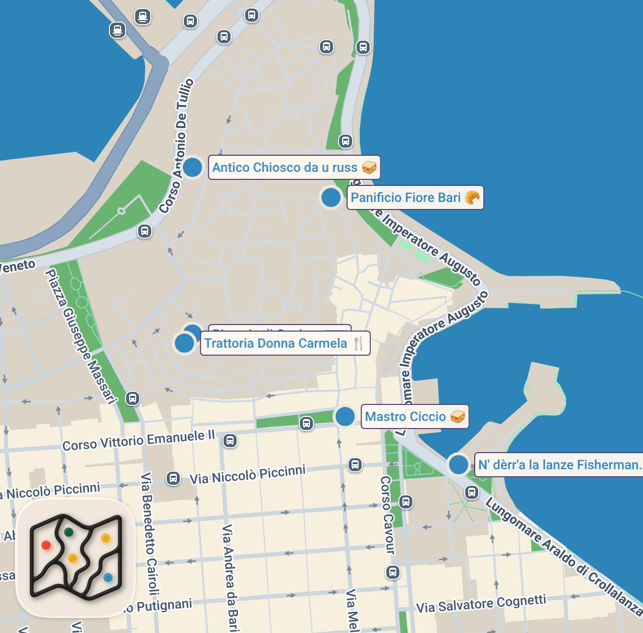 Map preview for Italian Food in BARI - FOCACCIA + ITALIAN SASHIMI + Italian street food tour in Bari, Italy