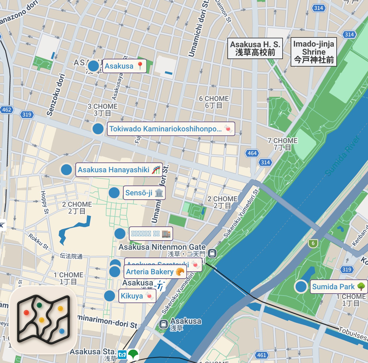 Map of 10 spots from JAPAN Street Food $100 CHALLENGE in Asakusa, Tokyo! The best Japanese Street Food in Tokyo!