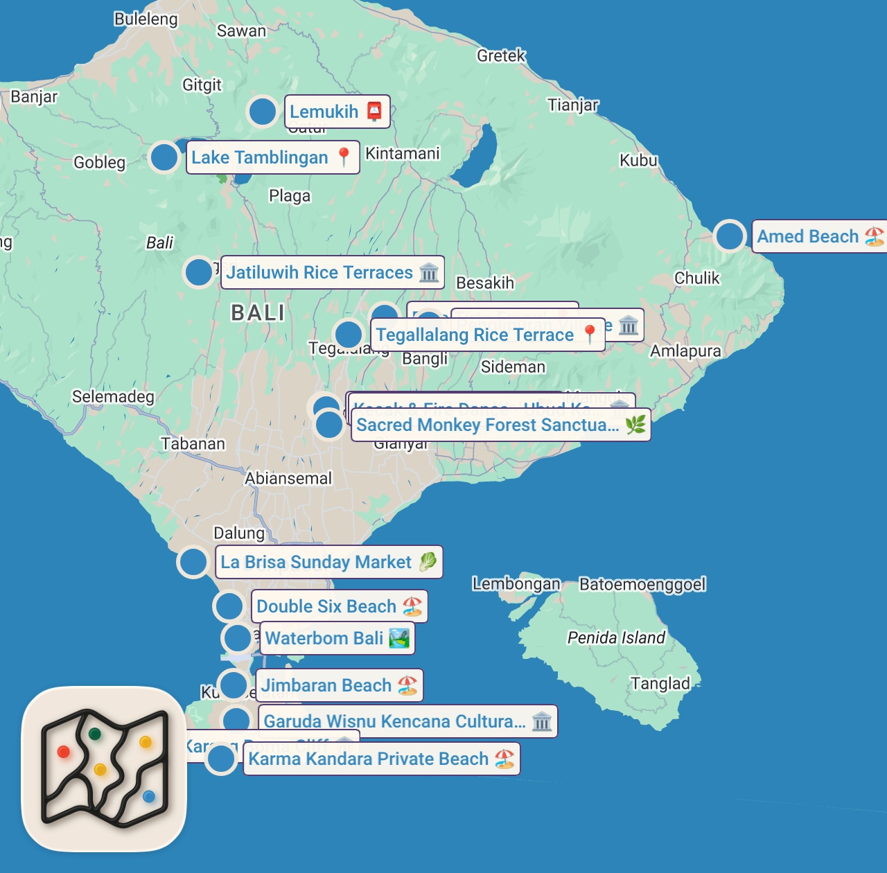 Map of 17 spots from TOP 50 things to do in BALI, Indonesia