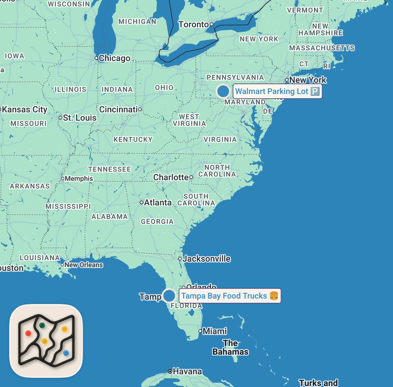 Map of 2 spots from Eating From Facebook Marketplace For 24 Hours... (AGAIN)