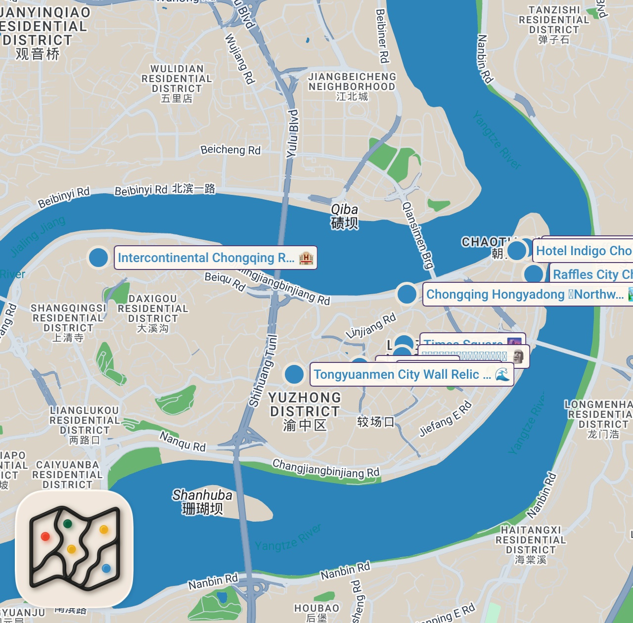 Map of 11 spots from Traveling To The Most Confusing City In The World - Chongqing, China 🇨🇳 (32 million population)