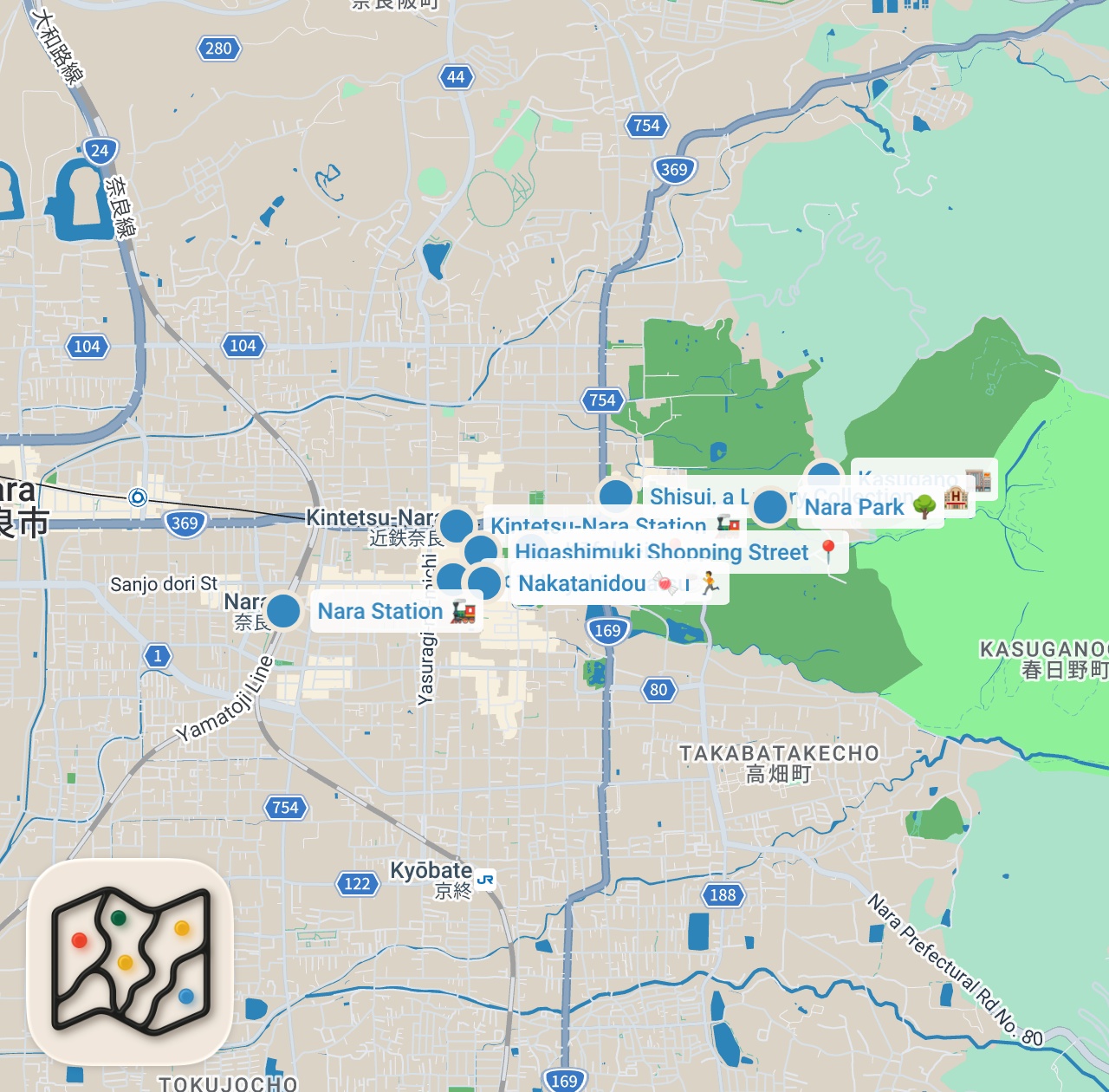 Map preview for 【奈良 ならまち商店街】グルメ攻略ガイド（フルーツかき氷＆マヨだくたこ焼き＆お餅など食べ歩き）